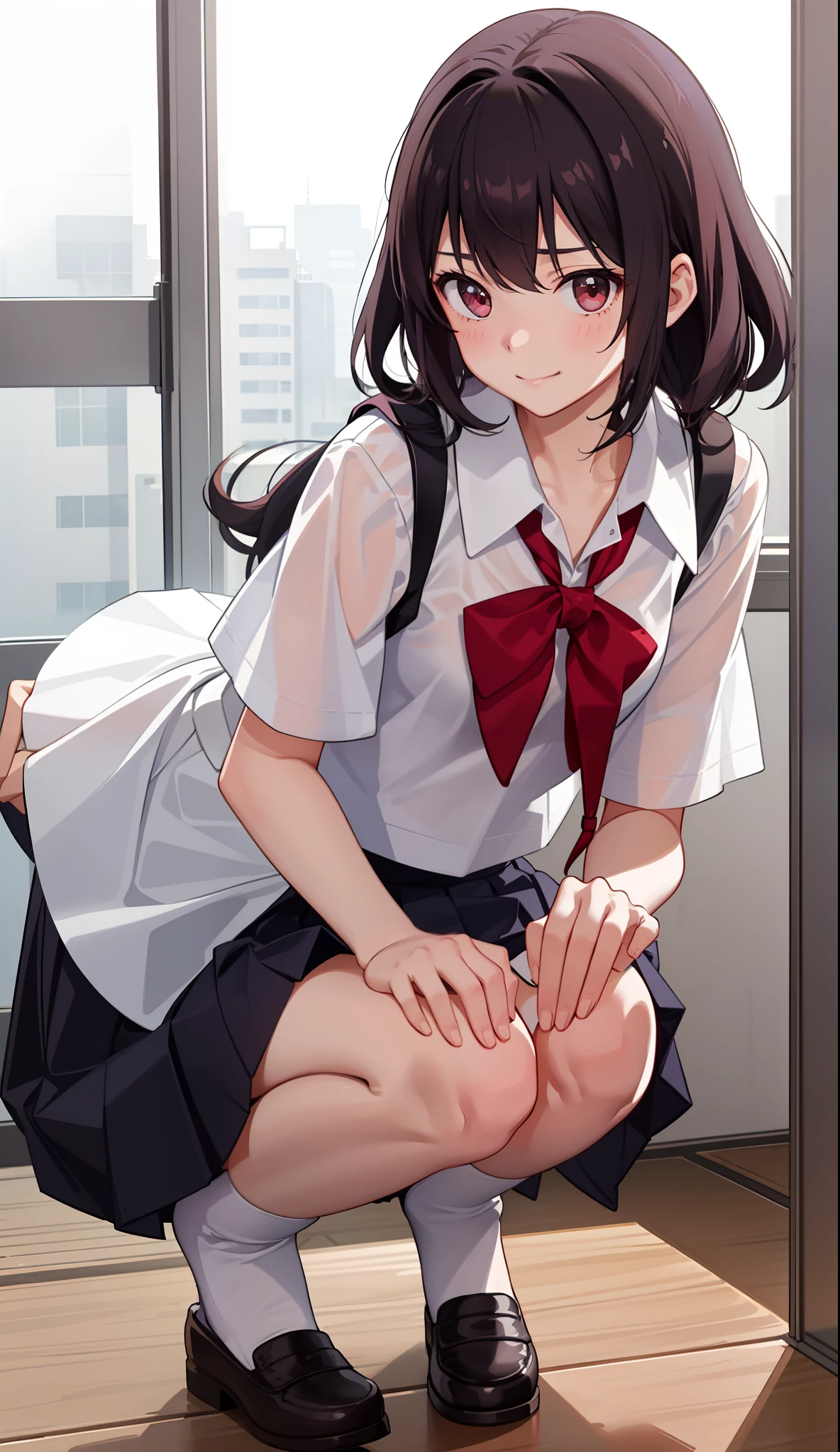 1girl in、A smile、The shirt、skirt by the、(small tits)Chilarism、Japan High School Student Uniform、serafuku、summer clothing、Squall Drenched Uniform、(Sheer Bra)、Upper body portrait、light cream hair、Squatting panchira、