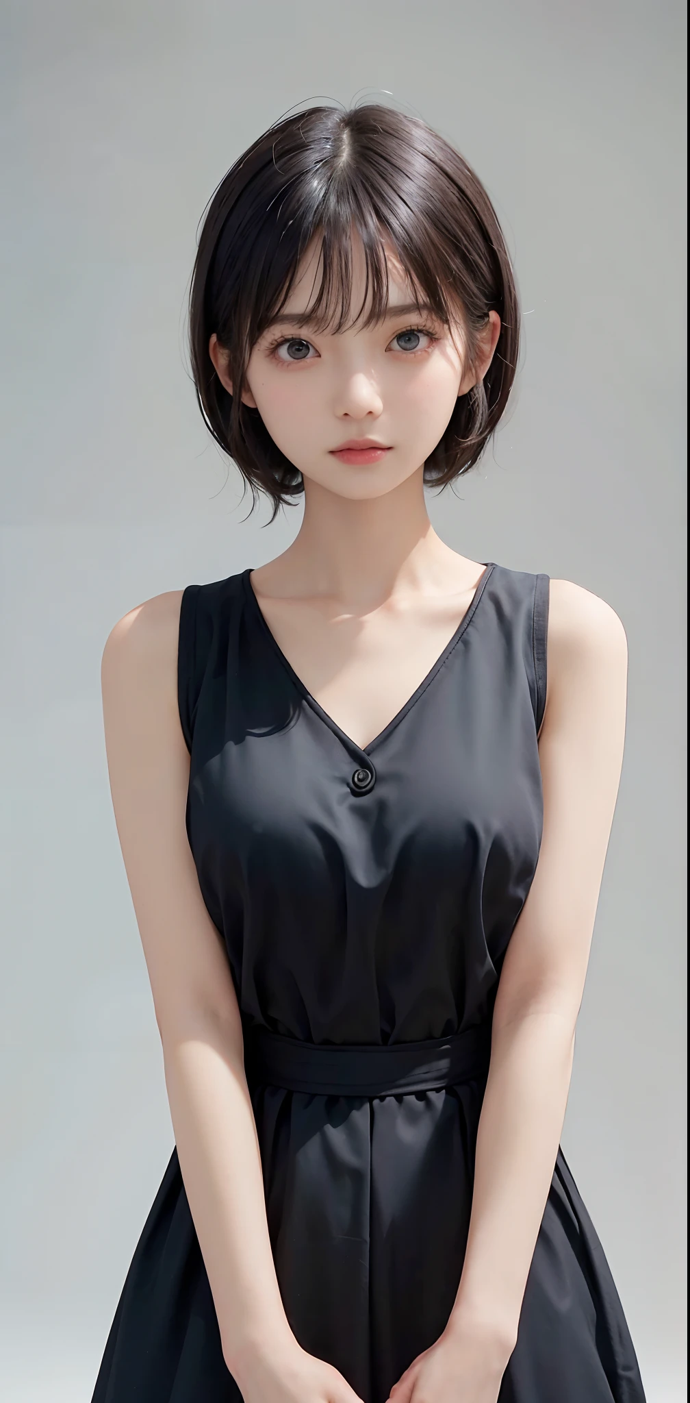 masterpiece, 1 beautiful girl, detailed eyes, puffy eyes, best quality, ultra high definition, (reality: 1.4), original photo, 1girl, cinematic lighting, Japan, asian beauty, korean, super beautiful, beautiful skin, slender, body facing front, (ultra-realistic), (high resolution), (8K), (very detailed), (best illustration), (beautifully detailed eyes), (ultra detailed) , detailed face, looking at the viewer, facing straight ahead, neat clothes, sleeveless, short hair, black hair, 46 points diagonal bangs, room based on white background tone, neat atmosphere,