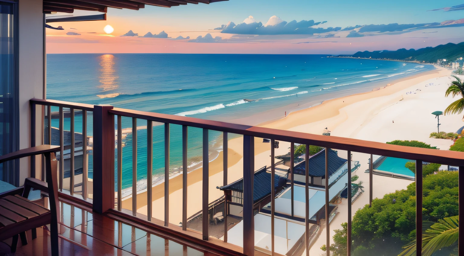 sea side、Aerial view、Resort、Condominium、the setting sun、1girl in、balconies、