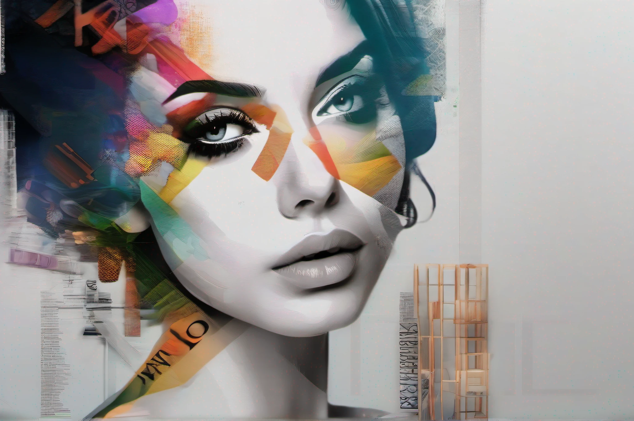Portrait of woman with typography Photoshop effect, typographic paintings, white background