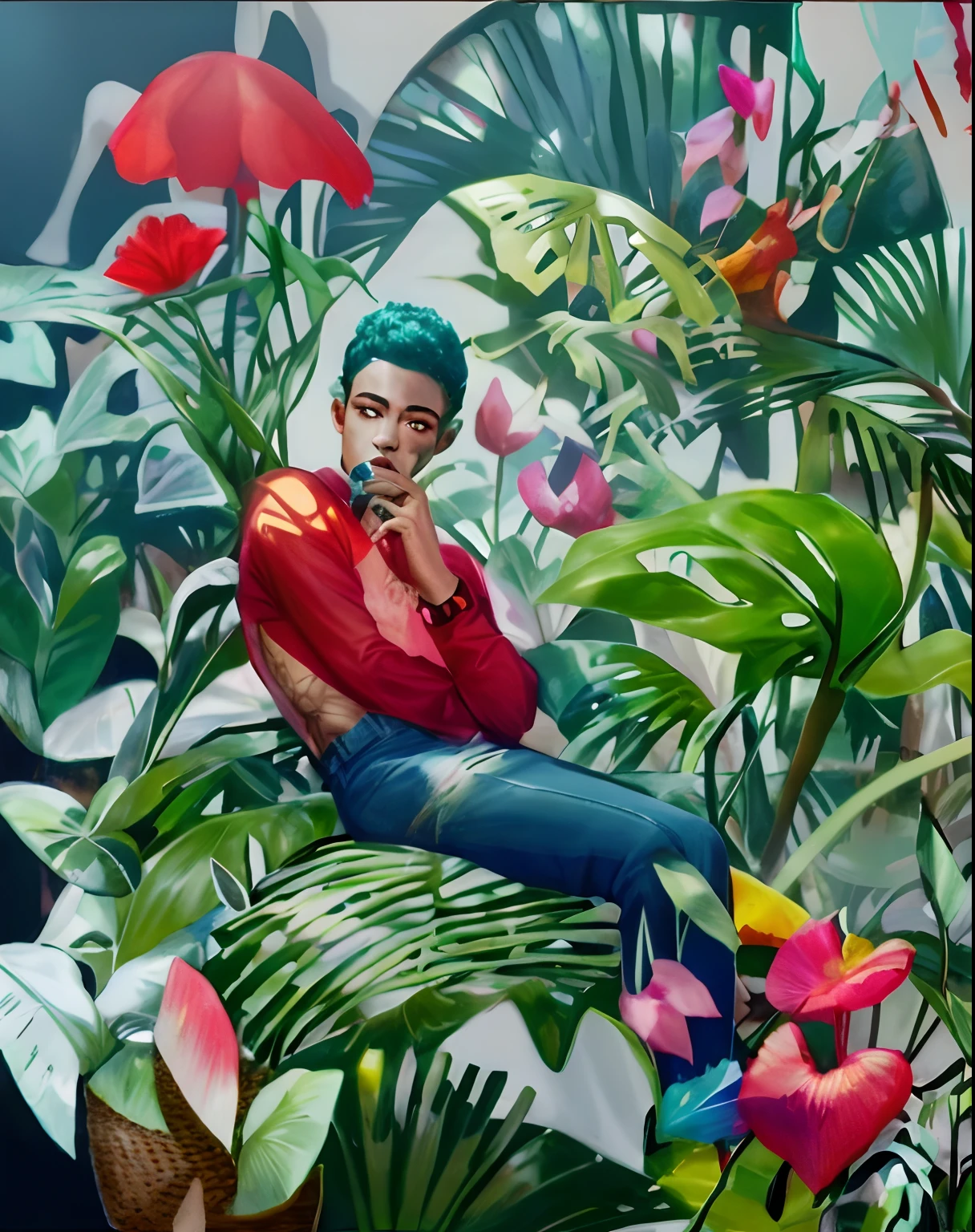pintura de um homem sentado em uma cadeira em um jardim tropical, entre folhagens, Directed by: Neysa McMein, inspirado em Naomi Okubo, Carson Ellis, sentado em uma floresta colorida, Directed by: Jessie Alexandra , inspirado em Tomokazu Matsuyama, Hernan Baixo, James Jean Aesthetics, Directed by: Hannah Frank, Tiago Jean Andrei Riabovitchev