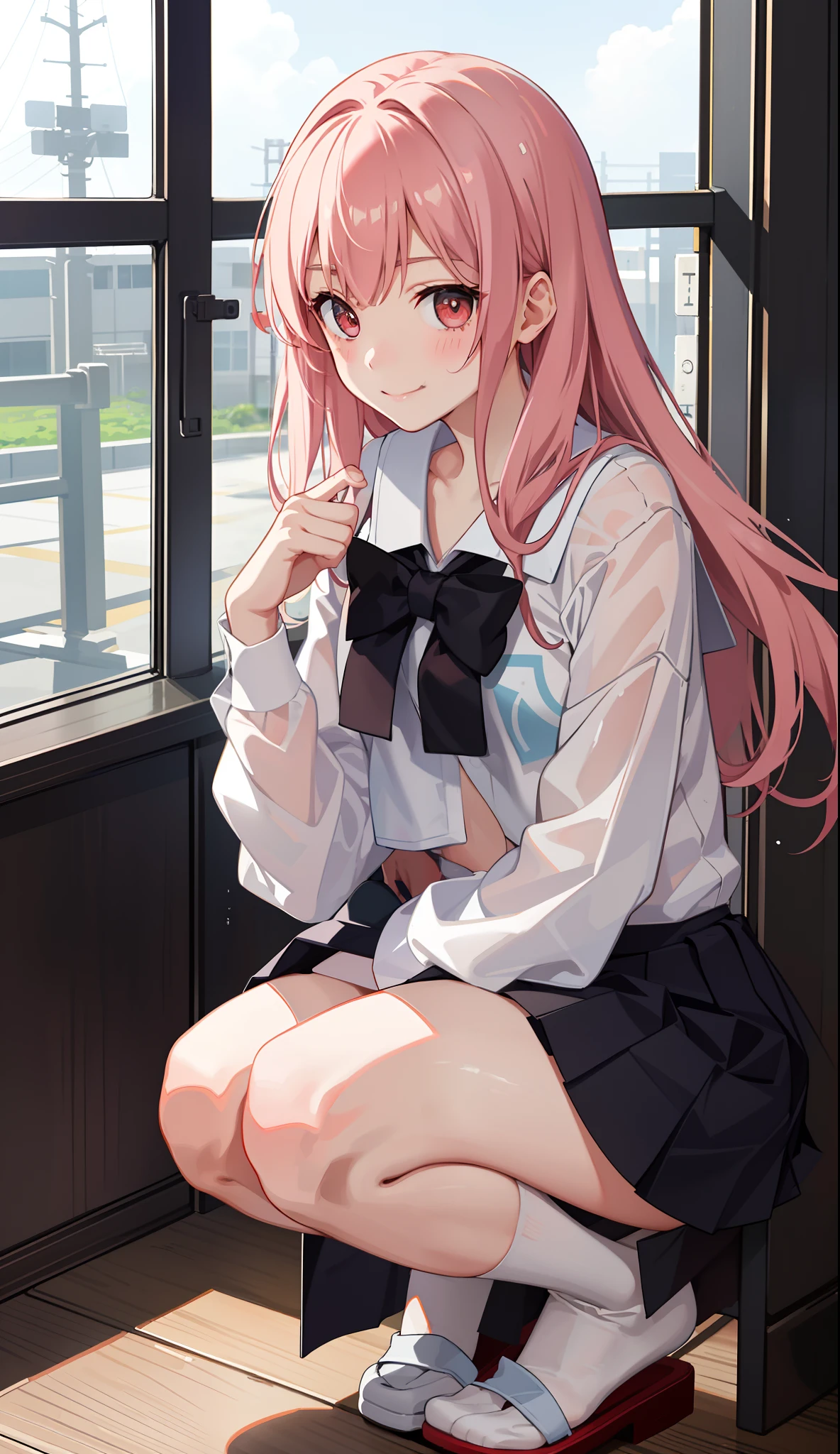 1girl in、A smile、The shirt、skirt by the、(small tits)Chilarism、Japan High School Student Uniform、serafuku、summer clothing、Squall Drenched Uniform、(Sheer Bra)、Upper body portrait、light cream hair、Squatting panchira、