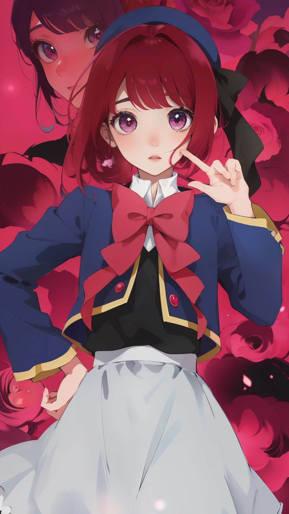 Garota anime com cabelo vermelho e olhos azuis posando na frente de um fundo rosa, visual anime de uma menina bonito, Gapmoe Yander, Umineko, capa de anime, visual anime de uma jovem mulher, Yandere, Gapmoe Yandere Grimdark, magical girl anime mahou shojo, Menina do anime chamada Lucy, Retrato Gapmoe Yandere Grimdark, melhor qualidade
