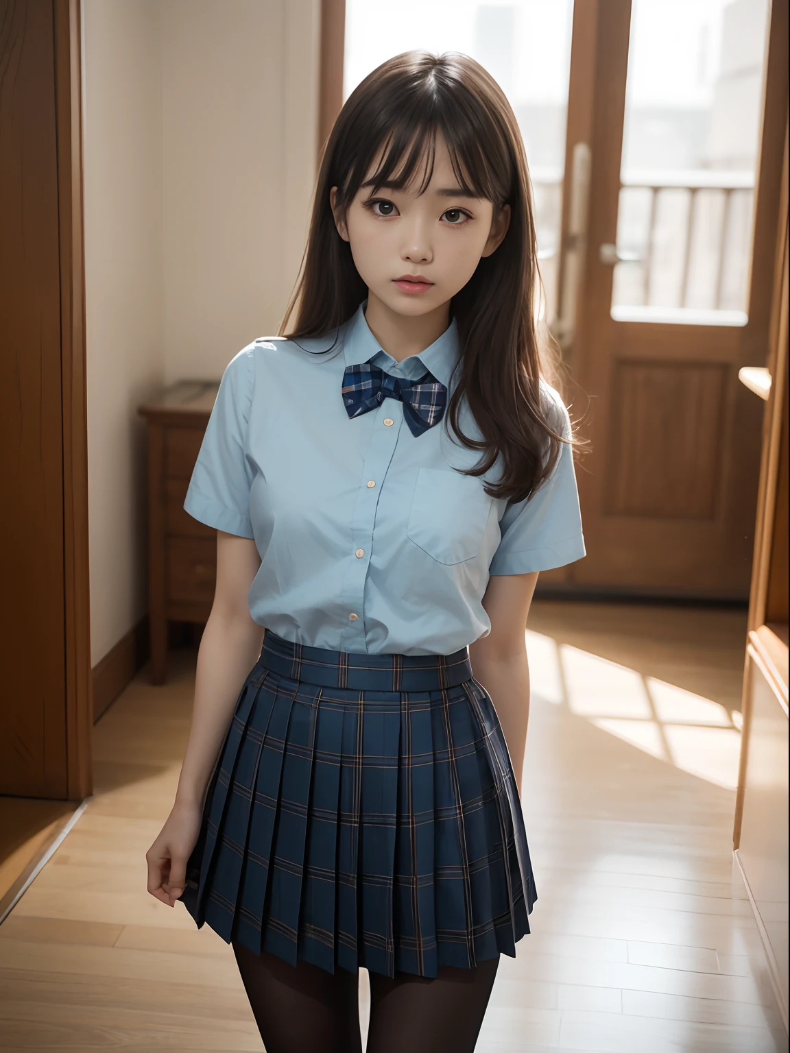 (8K、Raw photography、top-quality、masterpiece:1.2),watching at viewers,Looking at the front,Tie a side ponytail,Tie a strand of hair,Bullish,Muchimuchi,Erotic,Pupils,Light Blue Bra,de pele branca,kne,(Black pantyhose),absurderes,a small face,small tits,flat breast,Parting the bangs from the middle、Forehead visible,(a cold expression,Tight eyes,glares,Bullish,skinny,Rasping,irate)、masterpiece,top-quality、超A high resolution,Raw photo,ren,Beautiful fece,One Person, 独奏,eye glass,,Dark look,Small breasts,fullllbody,Round glasses、cute little、Back to Student,JK school uniform,hi-school girl,A Japanese Lady,is standing,(Photorealsitic:1.37)、Photon mapping,Realistic、Cute little face,Brown-eyed、Black socks、(Red bow tie)、Radio City、Physically Based Rendering、Foreground、depth of fields、Blurry background、a picture,The girls、Body,beauty legs, Long legs, Thin leg,Tie your hair into one strand on your chest,(Bangs are visible), hair, s lips, Blue_The eye, nosesoft,(Light blue shirt), (Navy and blue and white plaid pleated skirt), Knees are visible,Sheer clothing,, Thigh, Black cotton socks,Nogizaka Idol, 女優, Japanese ido