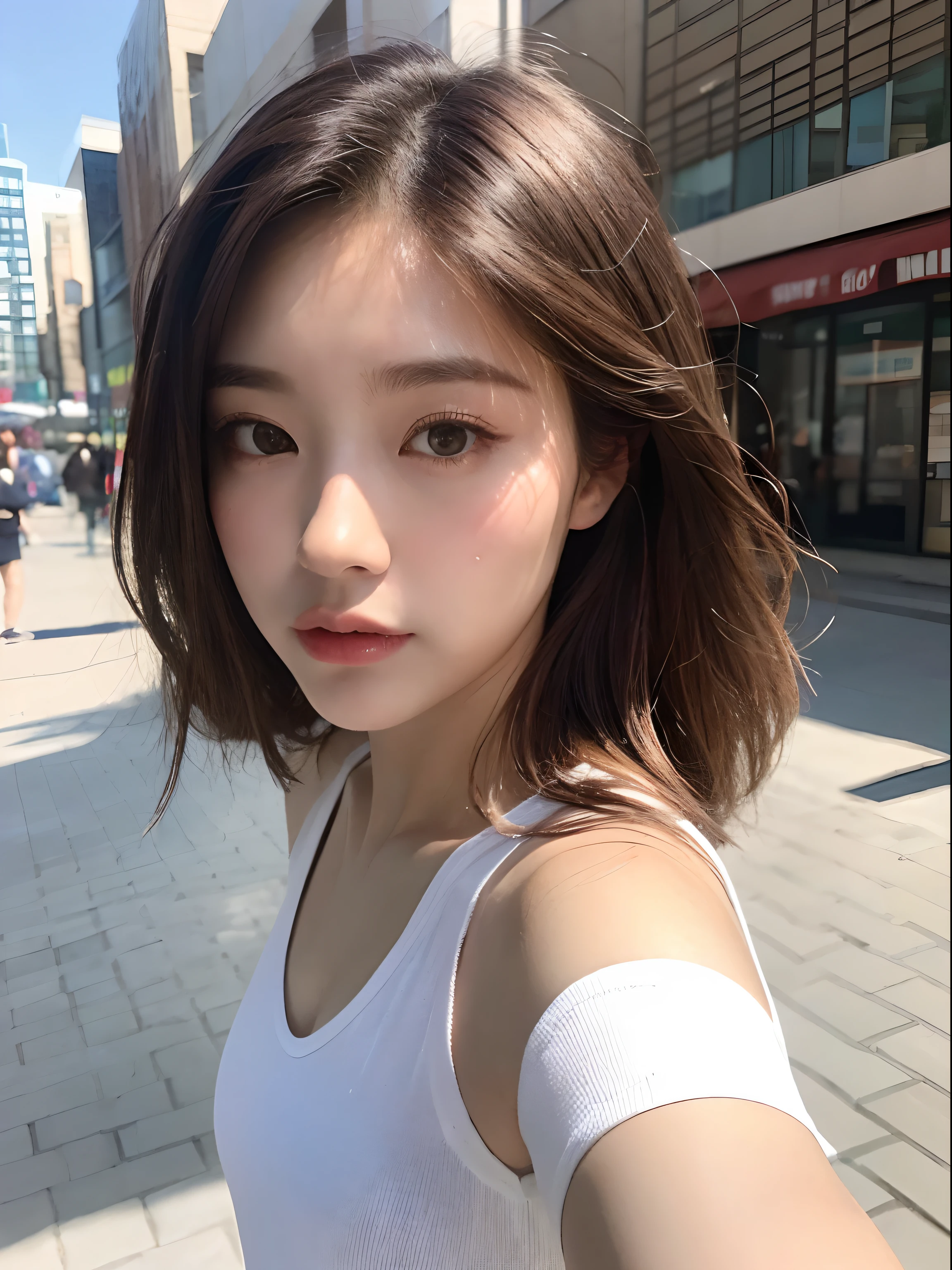 A selfie,((, Need, 8K, tmasterpiece:1.3)), 1female,Bustling square,Realiy,overcast day,summertime,Upper body photo,self-assured,(Selfie Photos:1.5),Focalors:1.2, ((Dark brown hair )), (White T-beam:1.2), ((sofe:1.3)), Highly detailed facial and skin texture,