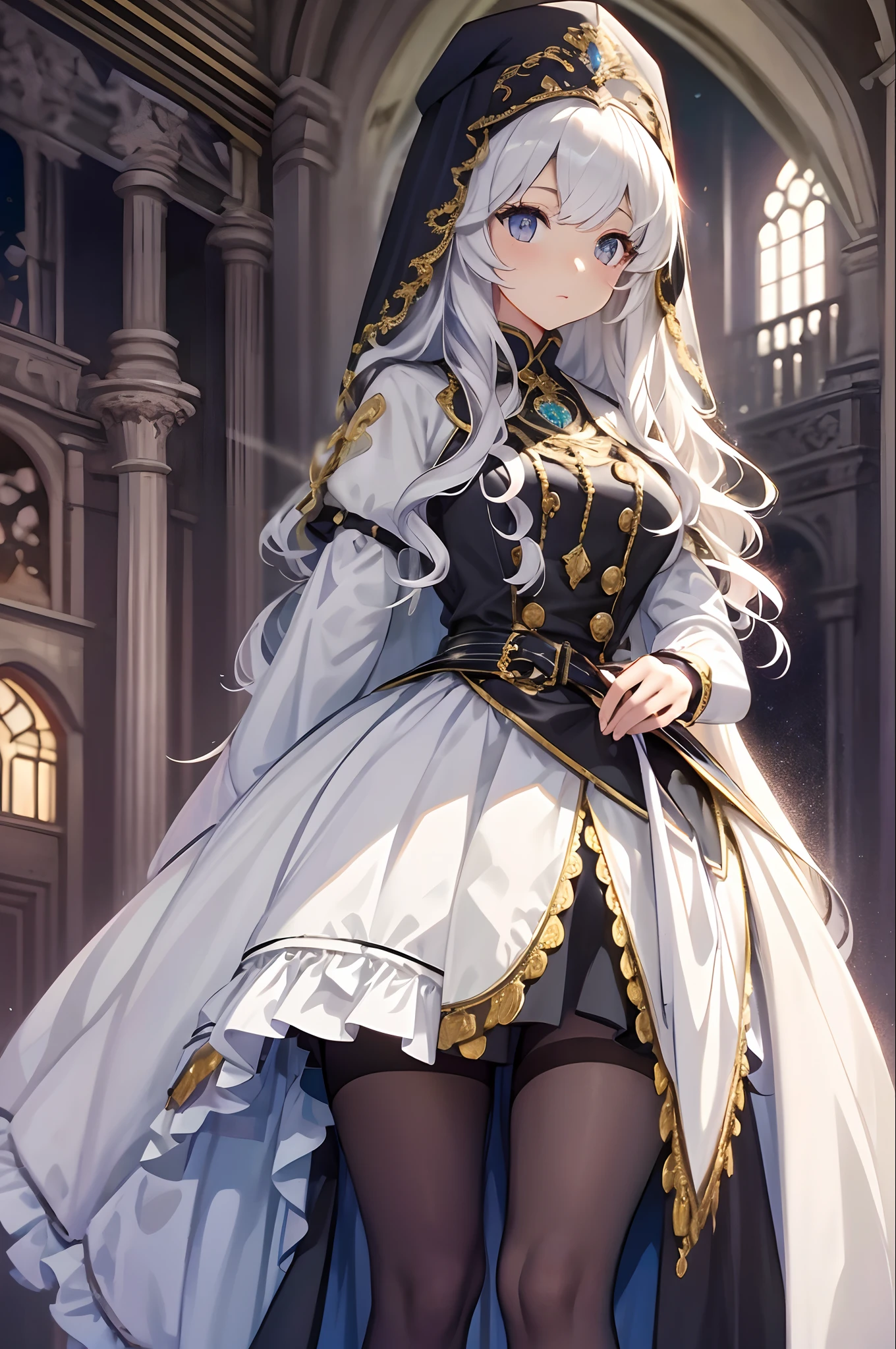 best qualityer，tmasterpiece，Ultimate resolution，downy，Extremely colorful，Colorful，saintess，silver-white long hair，curlies，a matural female，brassier，Nun dress，The kinky is exposed，cathedrals，Sanctuary，Normal posture