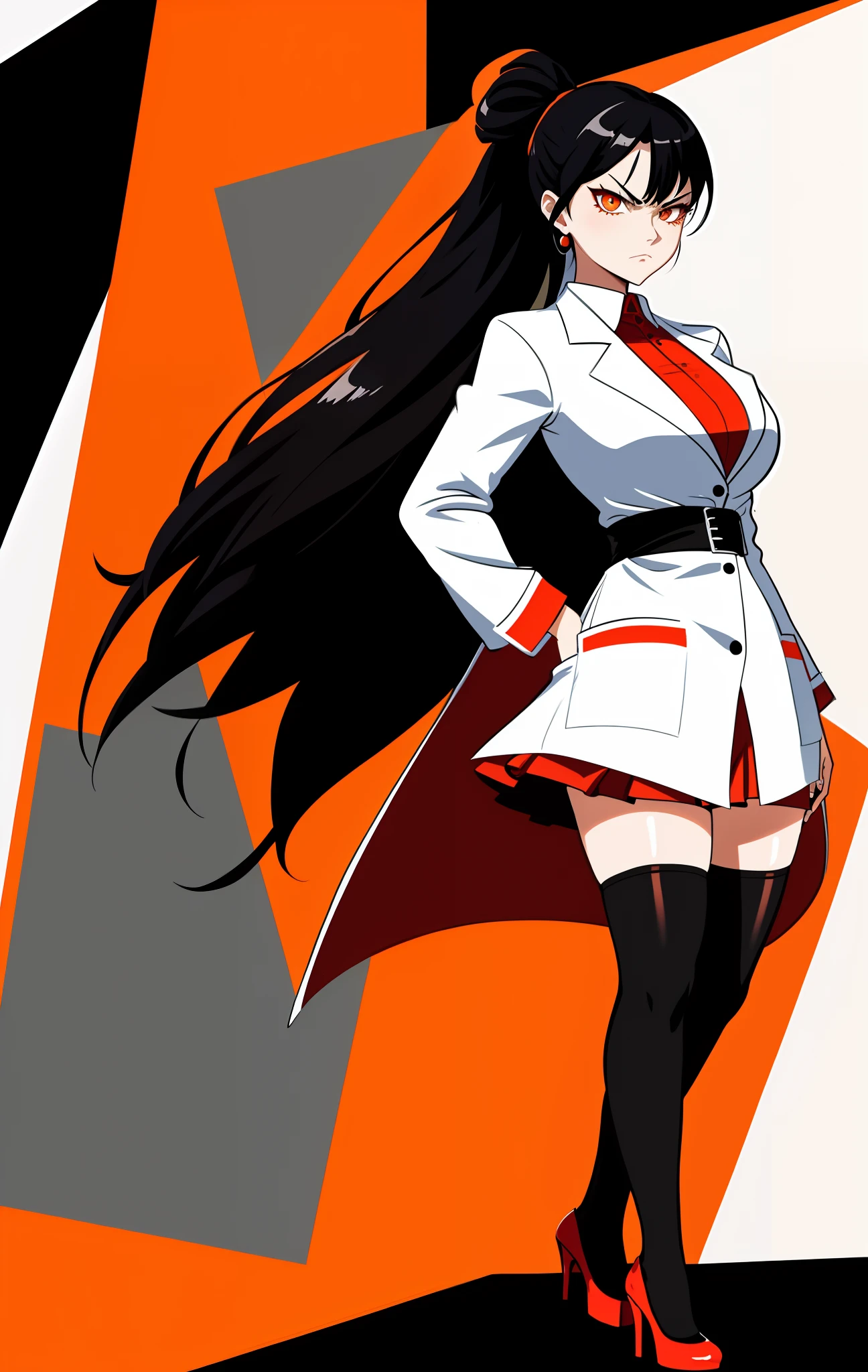 woman with black hair tied in a pulp shape, wearing an open lab coat, short red skirt with thigh-high stockings, high heels, angry face, orange eyes