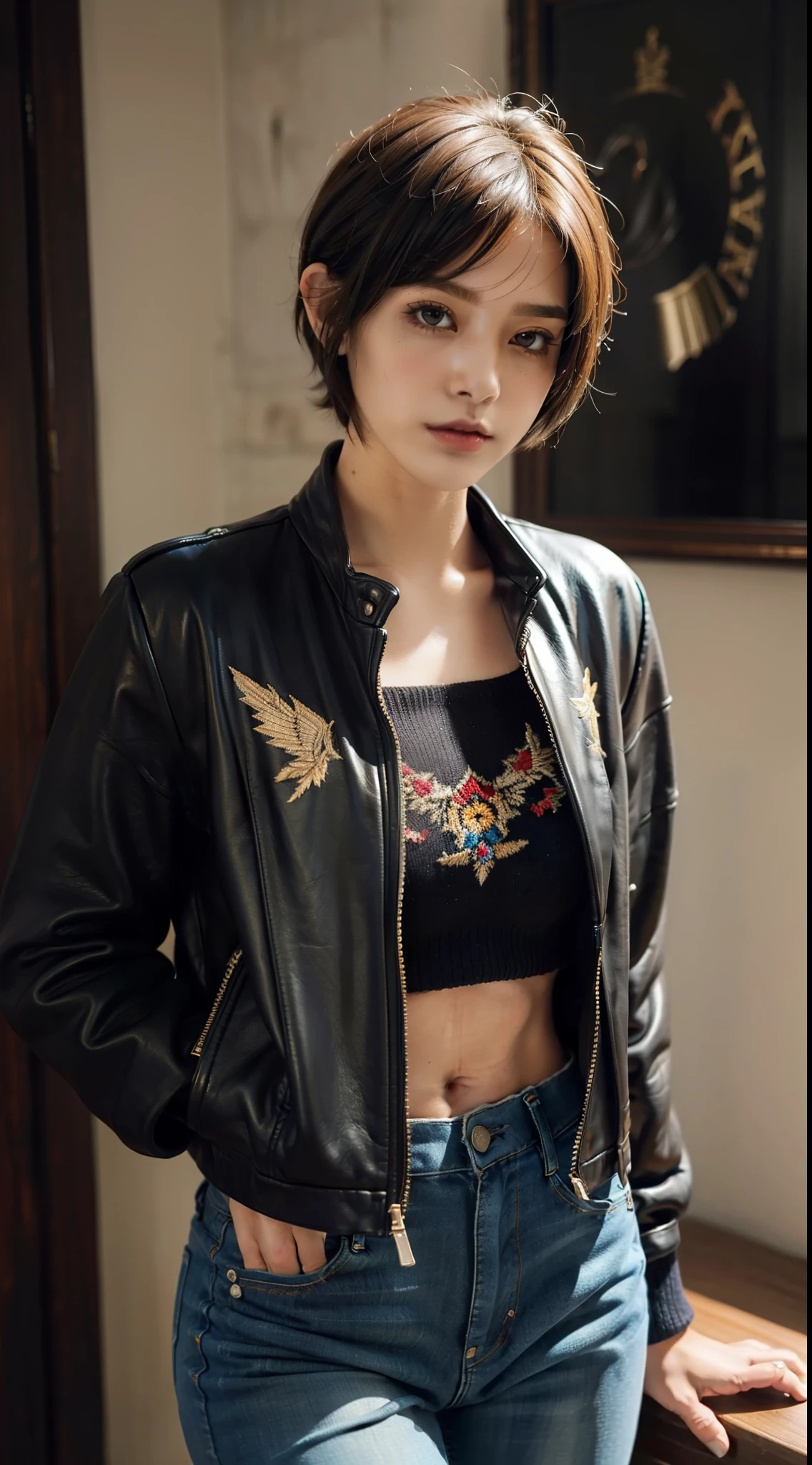 Masterpiece, High quality,1girll,Solo,Middle breast , Short hair, (hair between eye),(00BFFE Pixie cut), Bat wings, Disappointed face,(Embroidered sweater, Cropped flared jeans, Leather blazer)