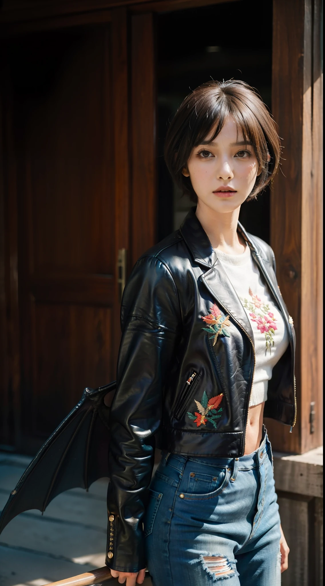 Masterpiece, High quality,1girll,Solo,Middle breast , Short hair, (hair between eye),(00BFFE Pixie cut), Bat wings, Disappointed face,(Embroidered sweater, Cropped flared jeans, Leather blazer)