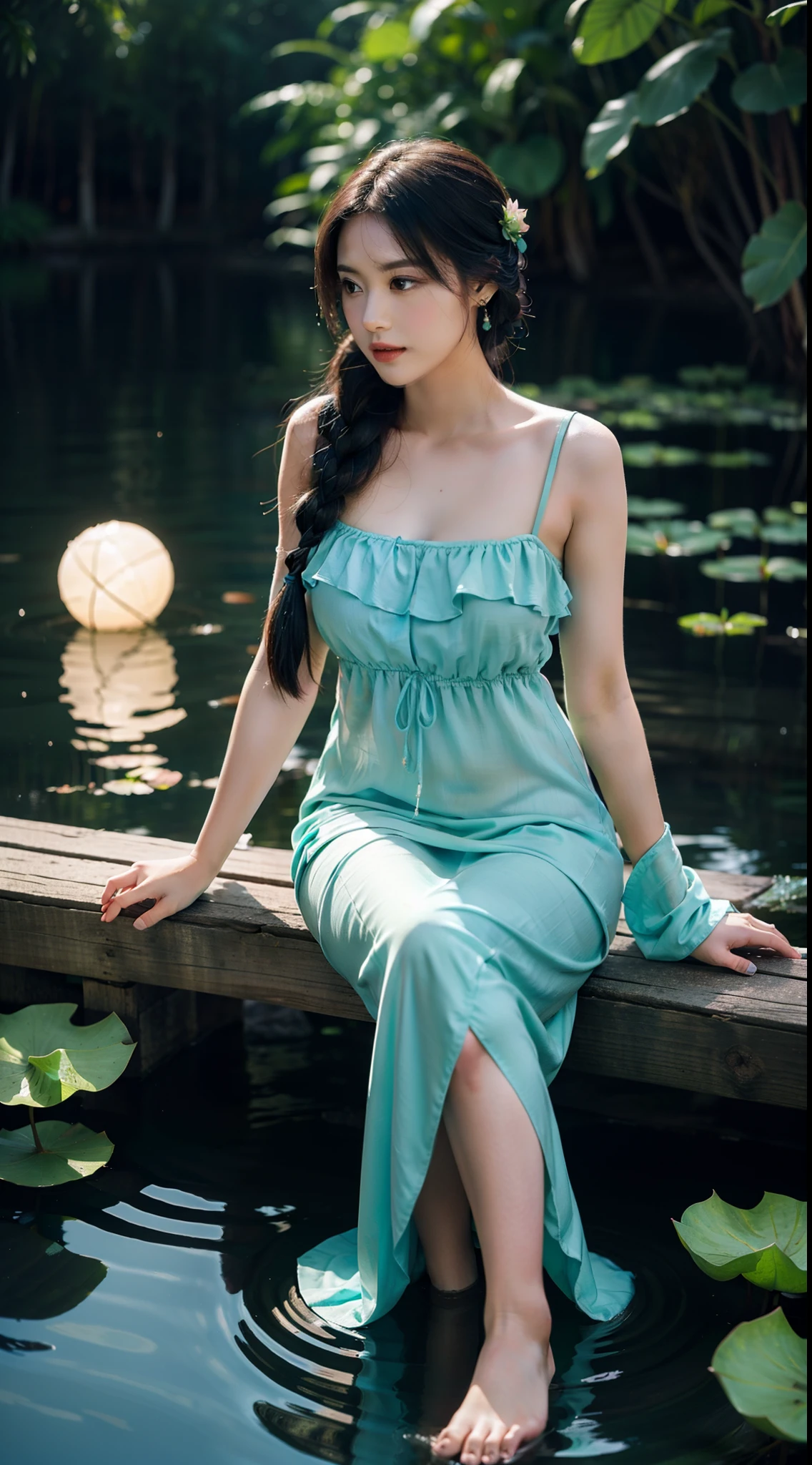 Sitting by a lake full of lotus flowers, feet playing in the water, the art depicts a charming woman with a melon face, dressed in a flowing, silky traditional oriental dress, long, aqua blue, decorated with intricate patterns and bright colors. Her dress drapes elegantly over her curvy figure, accentuating her seductive silhouette. She sits gracefully by the tranquil lotus lake, her feet playing in the water, bathed in the soft glow of the moonlight. The scene exudes an ethereal and dreamy atmosphere, with a touch of mystery and sexiness. The graphic style blends watercolor and digital illustration techniques to evoke a refined beauty and charm. The lights are filled with soft moonlight, casting soft highlights and shadows on her charming features. Bare thighs, big breasts, three-dimensional facial features, sitting, upturned legs, side braids