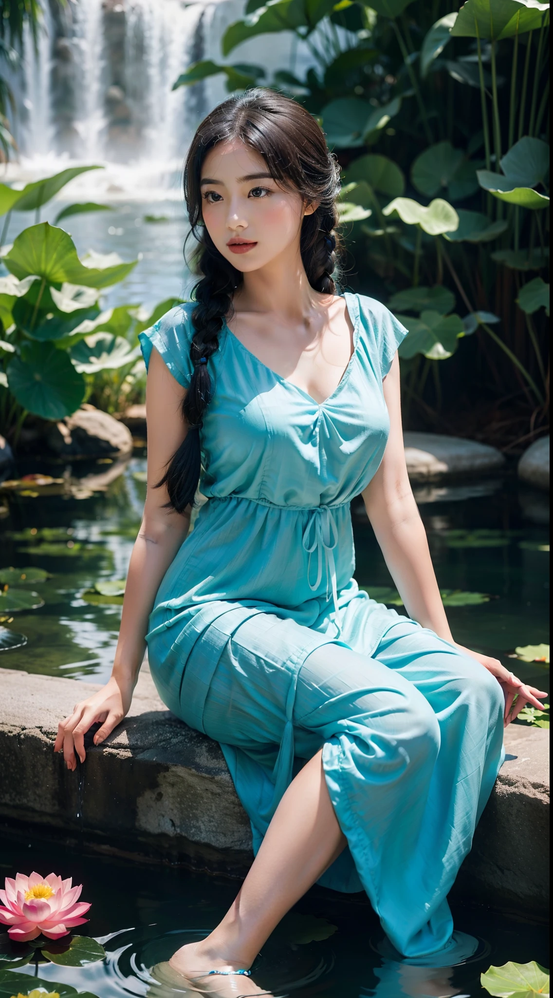 Sitting by a lake full of lotus flowers, feet playing in the water, the art depicts a charming woman with a melon face, dressed in a flowing, silky traditional oriental dress, long, aqua blue, decorated with intricate patterns and bright colors. Her dress drapes elegantly over her curvy figure, accentuating her seductive silhouette. She sits gracefully by the tranquil lotus lake, her feet playing in the water, bathed in the soft glow of the moonlight. The scene exudes an ethereal and dreamy atmosphere, with a touch of mystery and sexiness. The graphic style blends watercolor and digital illustration techniques to evoke a refined beauty and charm. The lights are filled with soft moonlight, casting soft highlights and shadows on her charming features. Bare thighs, big breasts, three-dimensional facial features, sitting, upturned legs, side braids