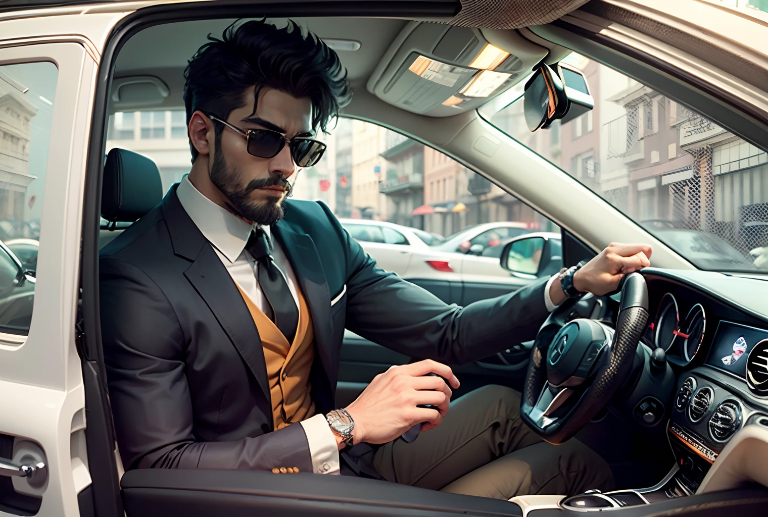 A handsome 18-year-old with a black beard, wearing black sunglasses, a black suit with short black hair, driving a black Mercedes in a luxurious garage ,8k --auto --s2