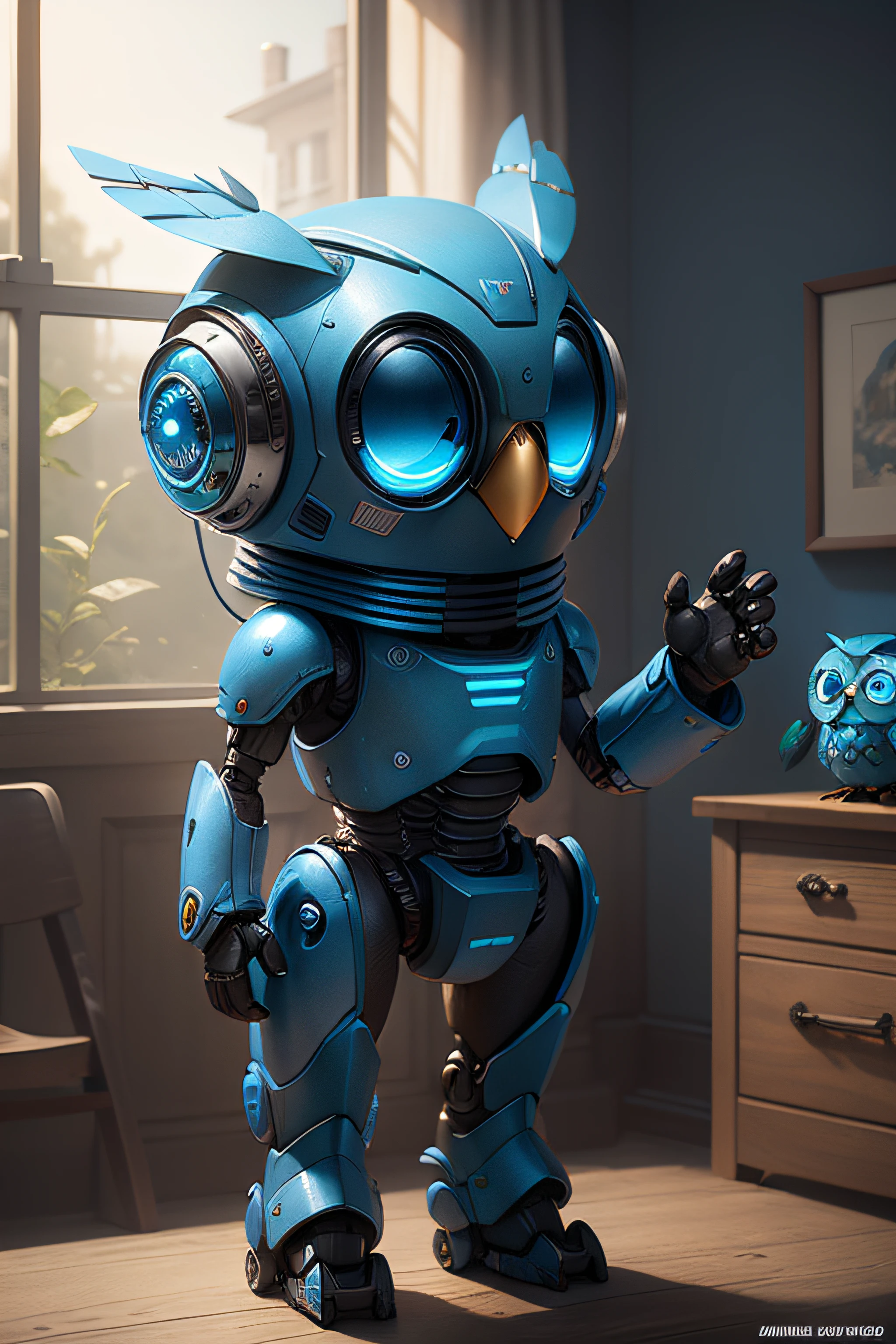 Cute little blue robot owl waving hello unreal engine, cozy indoor lighting, artstation, detalhado, pintura digital, cinemactic, design de personagens por mark ryden e pixar, octane render