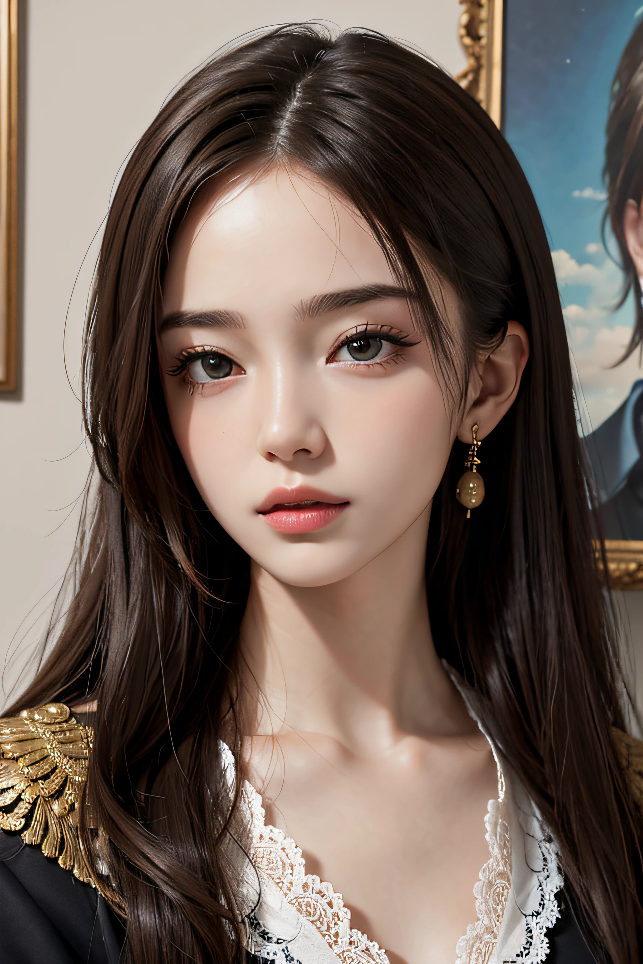A woman with long hair wearing a black jacket and gold earrings - SeaArt AI