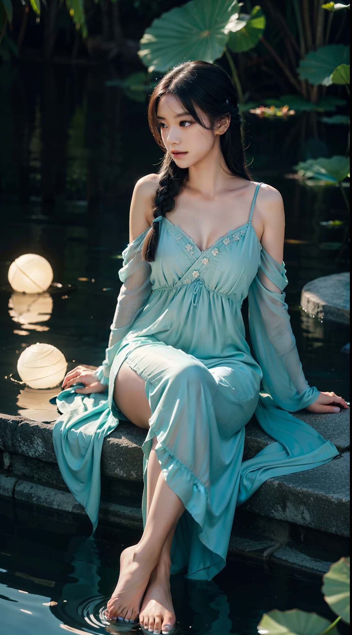 Sitting by a lake full of lotus flowers, feet playing in the water, the art depicts a charming woman with a melon face, dressed in a flowing, silky traditional oriental dress, long, aqua blue, decorated with intricate patterns and bright colors. Her dress drapes elegantly over her curvy figure, accentuating her seductive silhouette. She sits gracefully by the tranquil lotus lake, her feet playing in the water, bathed in the soft glow of the moonlight. The scene exudes an ethereal and dreamy atmosphere, with a touch of mystery and sexiness. The graphic style blends watercolor and digital illustration techniques to evoke a refined beauty and charm. The lights are filled with soft moonlight, casting soft highlights and shadows on her charming features. Bare thighs, big breasts, three-dimensional facial features, sitting, upturned legs, side braids