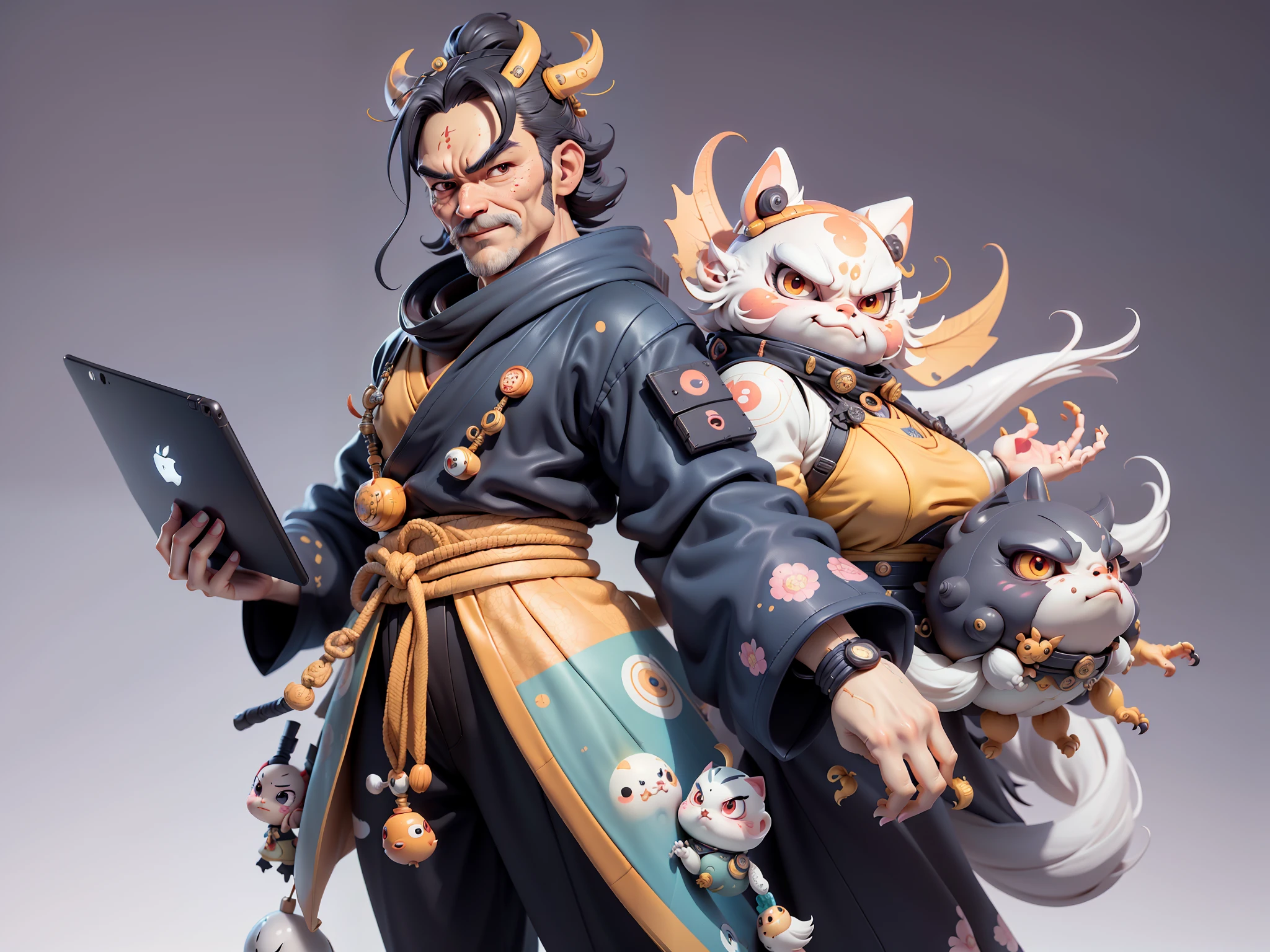(Daisaku),(Need),(Super meticulous),(full bodyesbian:1.2),Japanese ukiyo-e girl，japanese geisha，Beautiful，Oriental dragon，Aeolian Thor，Raised sexy，爆乳，Oriental face，TV Anchor，Bust portrait illustration，Alone，In black suit，a blue tie，The face is slightly chubby，The face was clean，without a beard，Black super short hair，Black eyes，Smile confidently，3C computer sub-products，iPad， iphone，Digital painting，3D character design by Mark Clairen and Pixar and Hayao Miyazaki and Akira Toriyama，The illustration is a high-definition illustration in 4K resolution，With very detailed facial features and cartoon-style visuals。