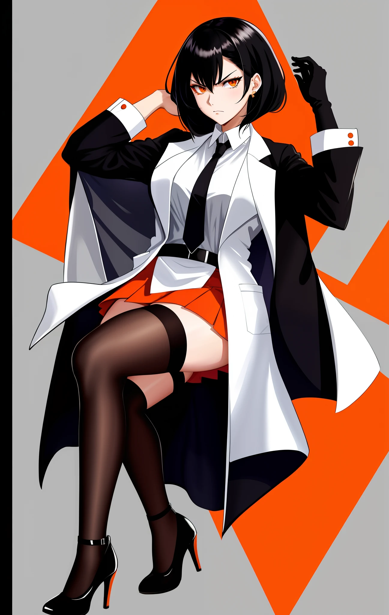 woman with tied black hair, wearing an open lab coat, short skirt with thigh-high stockings, high heels, angry face, orange eyes