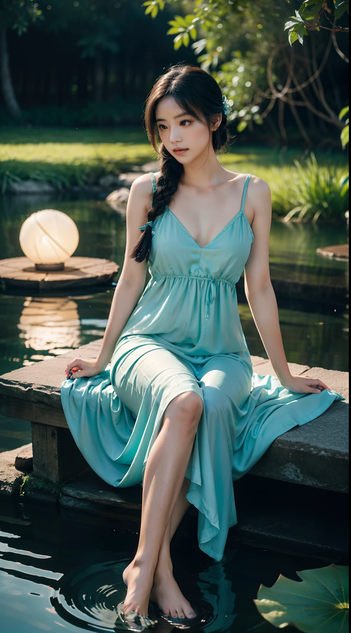 Sitting by a lake full of lotus flowers, feet playing in the water, the art depicts a charming woman with a melon face, dressed in a flowing, silky traditional oriental dress, long, aqua blue, decorated with intricate patterns and bright colors. Her dress drapes elegantly over her curvy figure, accentuating her seductive silhouette. She sits gracefully by the tranquil lotus lake, her feet playing in the water, bathed in the soft glow of the moonlight. The scene exudes an ethereal and dreamy atmosphere, with a touch of mystery and sexiness. The graphic style blends watercolor and digital illustration techniques to evoke a refined beauty and charm. The lights are filled with soft moonlight, casting soft highlights and shadows on her charming features. Bare thighs, big breasts, three-dimensional facial features, sitting, upturned legs, side braids