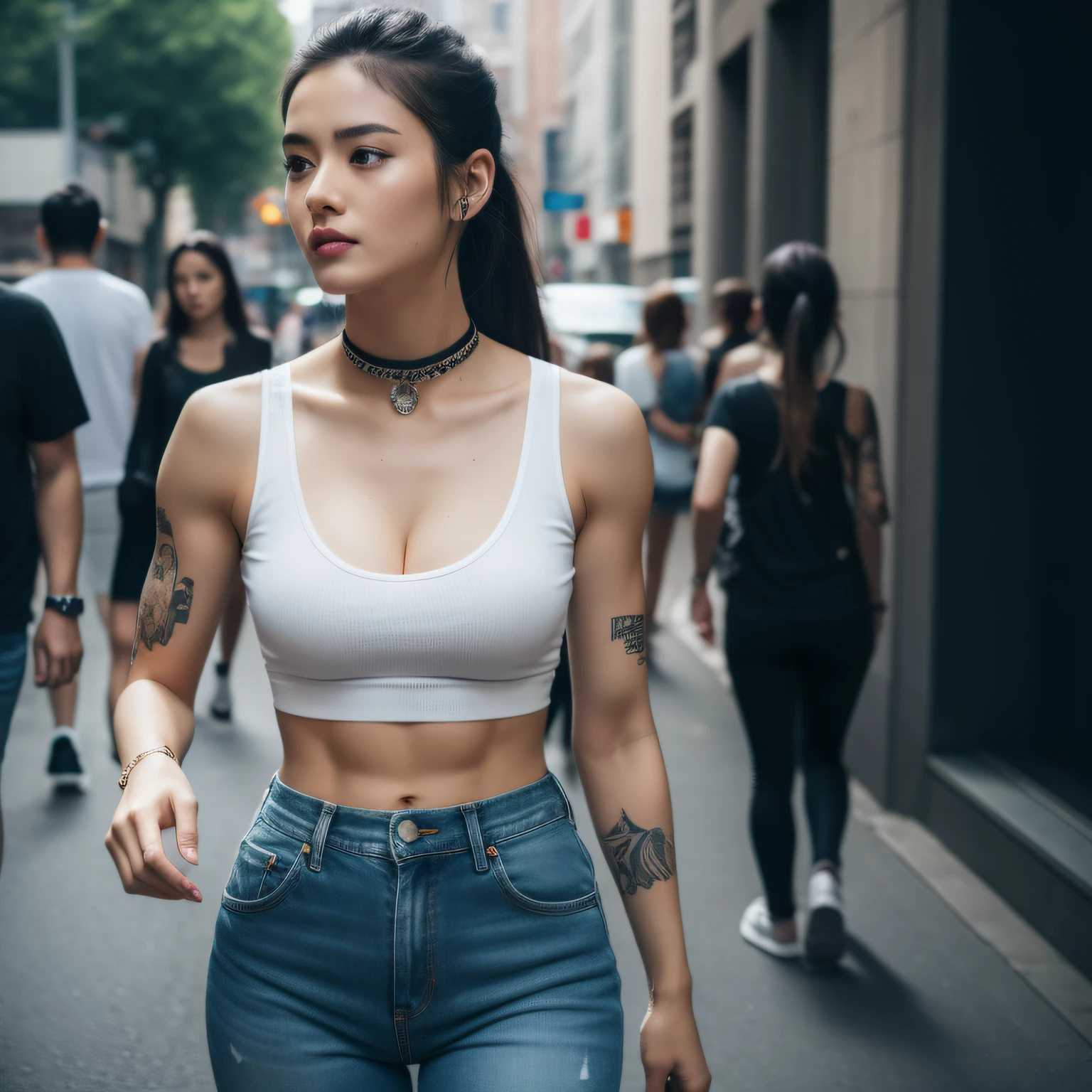 best quality, masterpiece, highres, 1girl, Beautiful face, photorealistic, 8k, UHD, long hair, ponytail, arm tattoos, tattooed, toned abs, sweat, Asian, female, muscular biceps, choker, dark skin, fitted t shirt, cleavage, jeans, busy street, (high detailed skin:1.2), 8k uhd, dslr, high quality, candid, Photograph, high resolution, 4k, 8k, alone, one girl,