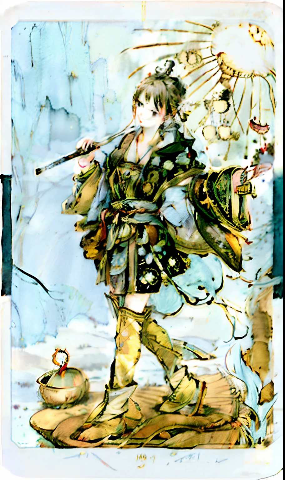 A closeup of a tarot card with a woman in diaphanous robes holding a stick, Art for the Fool tarot card, Carta de Tarot O Louco, the fool tarot illustration, the fool tarot card, the fool tarot card rider waite, the fool tarot, old-fashioned tarot card, inspired by Eugène Grasset, the lover tarot card, O Louco, tarot card the hermit