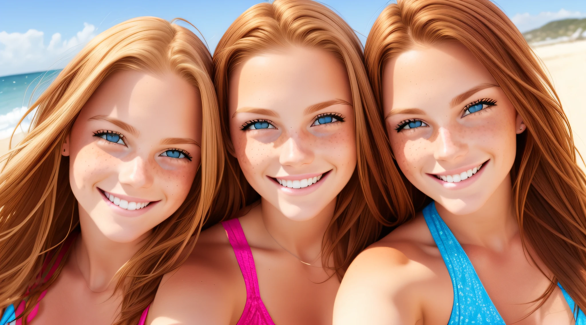 Friends smiling selfie on the beach together, blonde, red hair, blue eyes, green eyes, brunette, freckles, clear photo, ultra realistic --auto