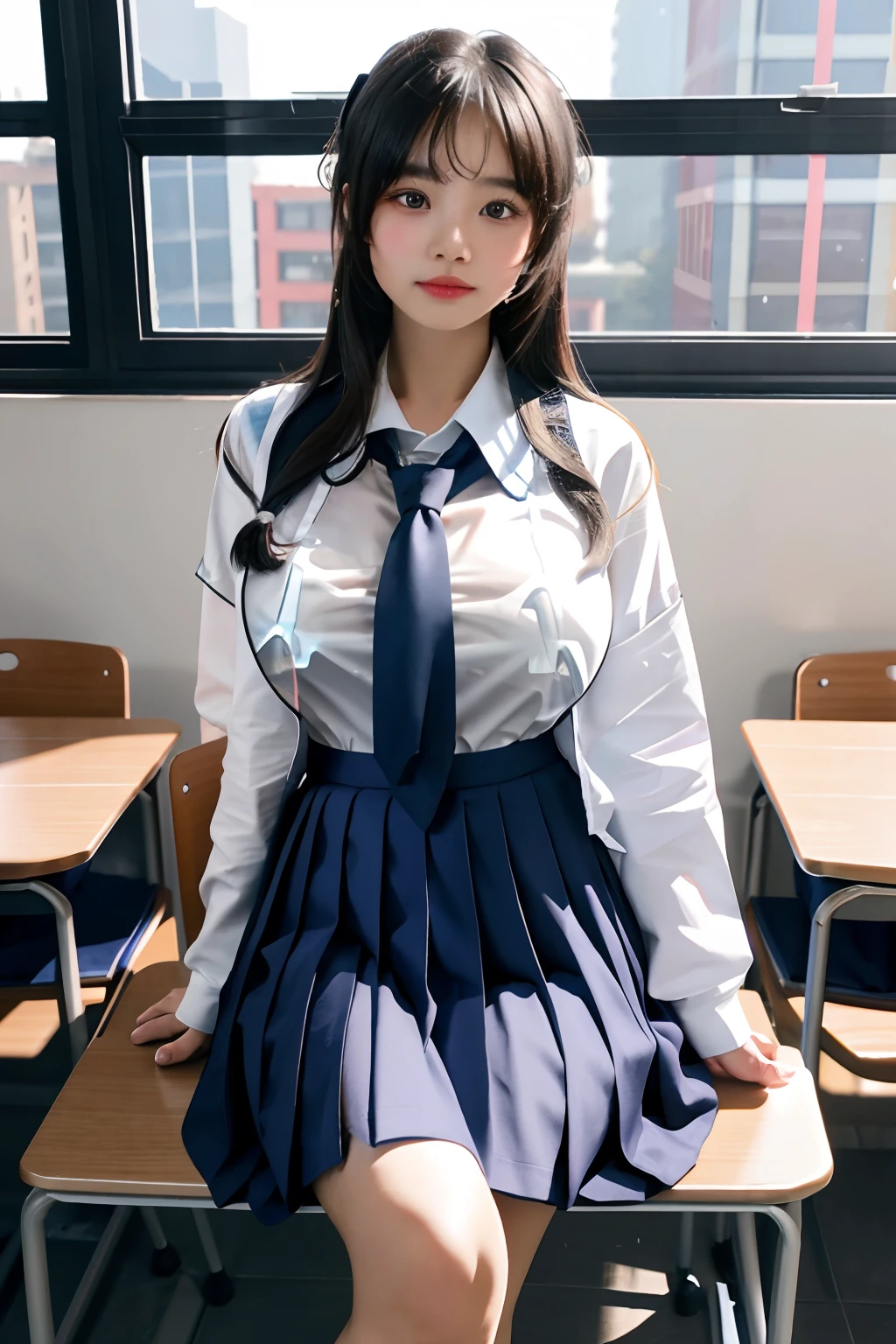 (A little loli little girl),(Immature Slightly thin face),(Super swollen: Exaggerated scale: Swelling, Huge chest,super gigantic breasts),(Full clothing supported by breasts),long whitr hair,(Wear a tight Chinese white transparent school uniform,School pants),Superskirt,Waist less school shirt,The clothes buttons are opened,The collar looks through the school uniform to see the bra,Many people's classroom background, sit on chair,Pose,Do difficult moves,Adopt a variety of sports positions,Pure temperament,ssmile,perfect eyes, perfect hand,超高分辨率, Movie Angle, Professional lighting, best qualtiy, tmasterpiece, Perfect focus,Background bokeh,realisticlying,Ultra-high ress fabric texture,8k eye details,8K pupils,