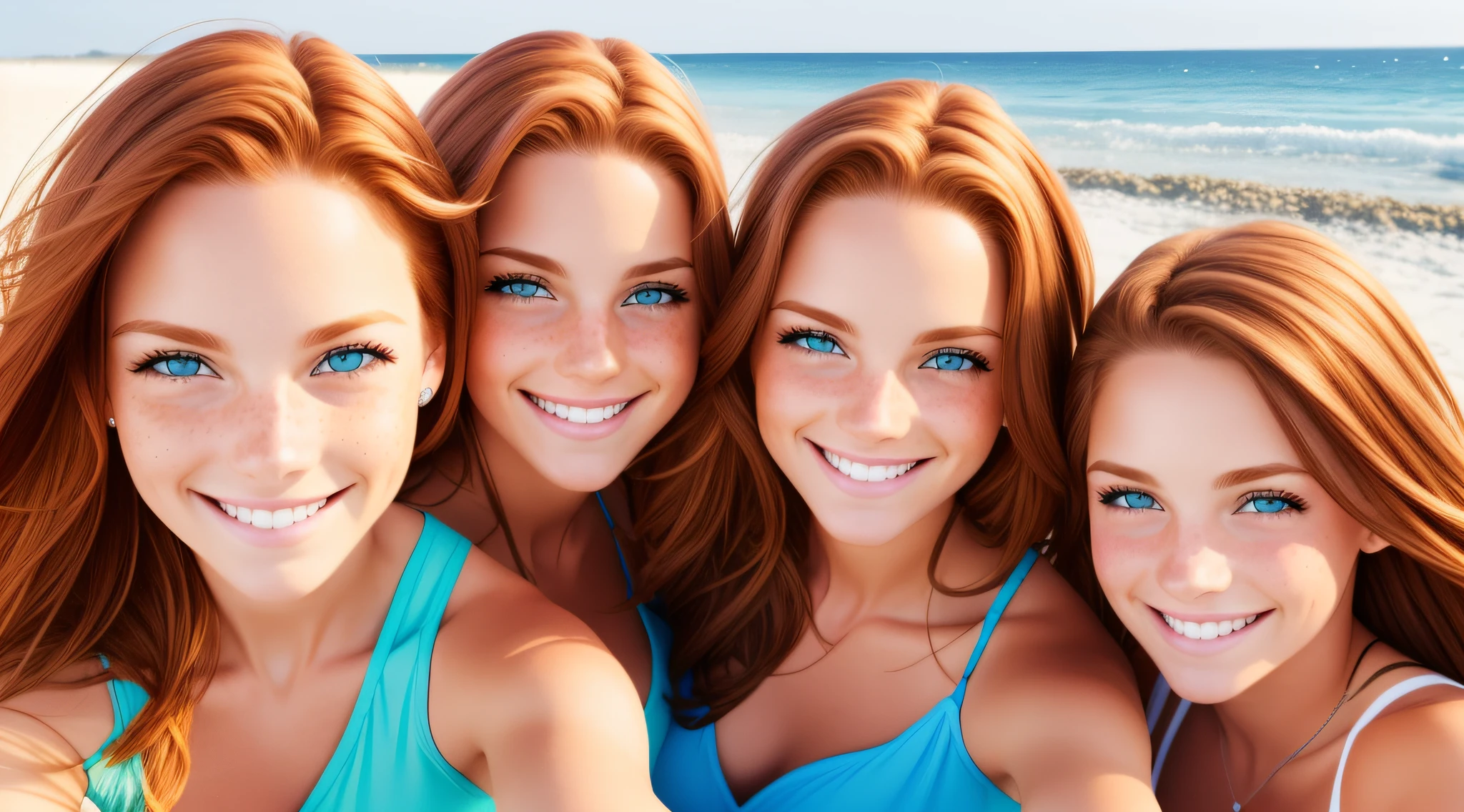 Friends smiling selfie on the beach together, blonde, red hair, blue eyes, green eyes, brunette, freckles, clear photo, ultra realistic --auto