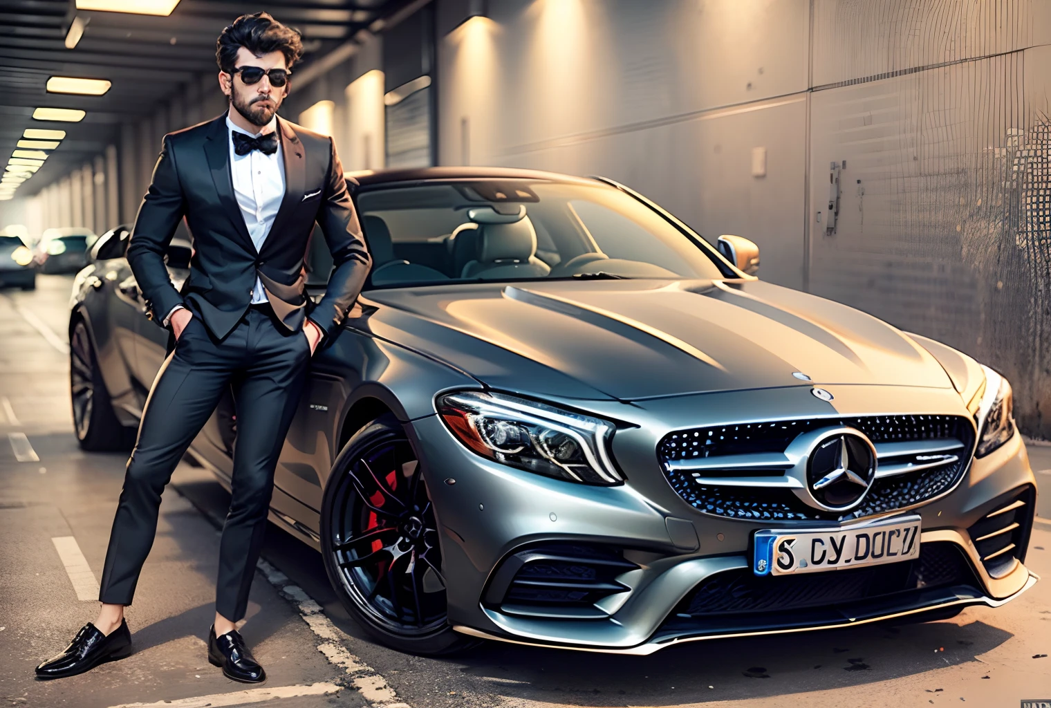 A handsome 18-year-old with a black beard, wearing black sunglasses, a black suit with short black hair, driving a black Mercedes in a luxurious garage ,8k --auto --s2