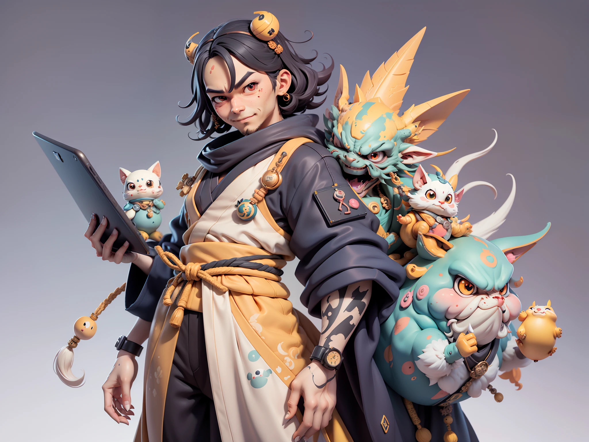(Daisaku),(Need),(Super meticulous),(full bodyesbian:1.2),Japanese ukiyo-e girl，japanese geisha，Beautiful，Oriental dragon，Aeolian Thor，Raised sexy，爆乳，Oriental face，TV Anchor，Bust portrait illustration，Alone，In black suit，a blue tie，The face is slightly chubby，The face was clean，without a beard，Black super short hair，Black eyes，Smile confidently，3C computer sub-products，iPad， iphone，Digital painting，3D character design by Mark Clairen and Pixar and Hayao Miyazaki and Akira Toriyama，The illustration is a high-definition illustration in 4K resolution，With very detailed facial features and cartoon-style visuals。