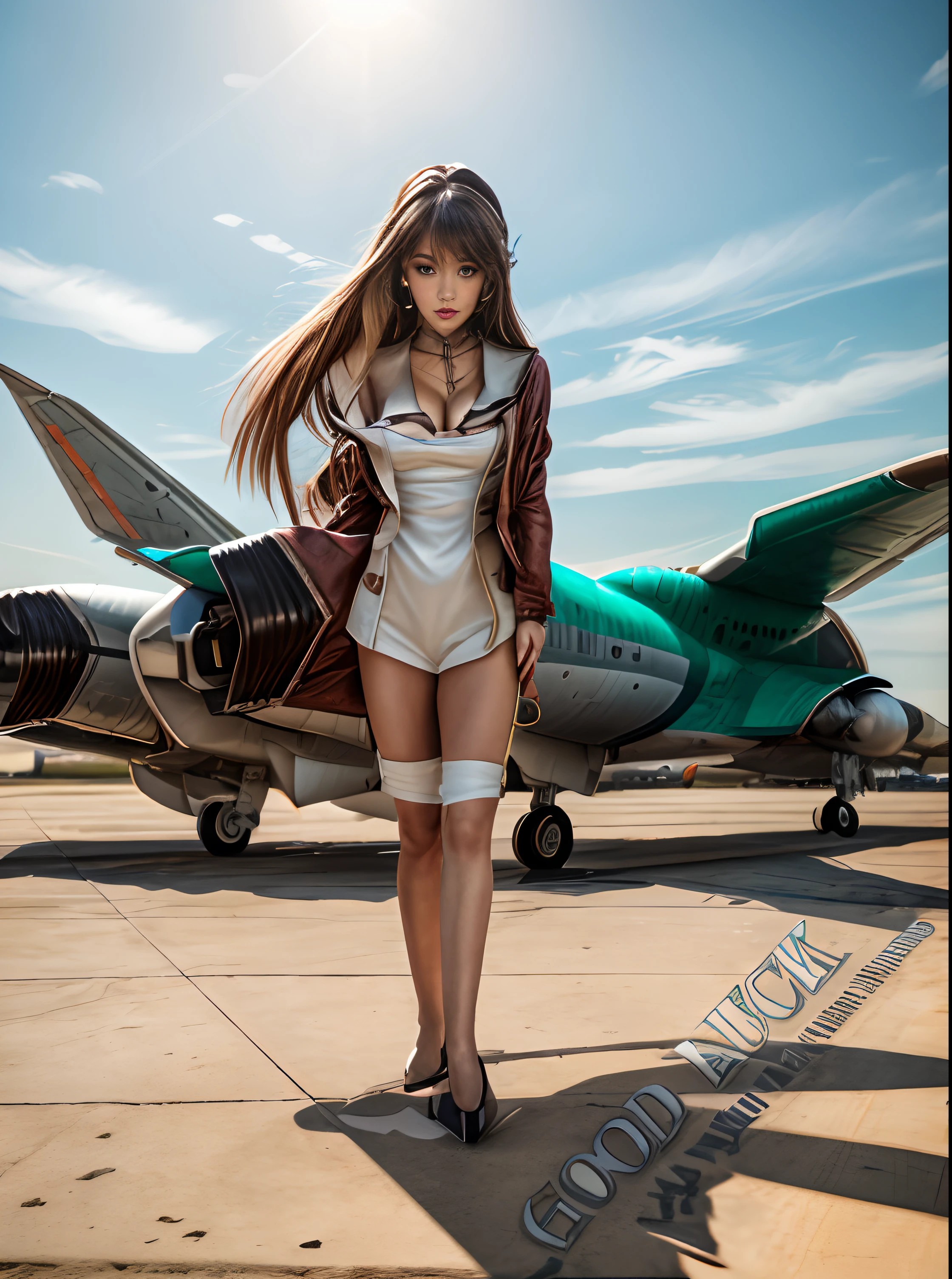 (Masterpiece: 1.3), (8k, Photorealistic, Photo RAW, Best quality: 1.4), (UHD), (Ultra high realism), (Ultra high definition), (Ultra high detail), (Increase contrast), (Increase saturation), ((((1girl:1.3)))), A beautiful woman, ((Ariana Grande and Taylor Swift Hybrid Face, 19 years old)), with a perfect figure: 1. 4, Cute face, Beautiful face, (Realistic face), Beautiful hairstyle, Bright green eyes, Ultra realistic, Very detailed, (Large breasts: 1.3), (Cleavage: 0.8), Caucasian female, Standing in front of a plane, Macross style, macross, inspired by Un'ichi Hiratsuka, Misato Katsuragi, Yuri Misaki, Macross Frontier, by Un'ichi Hiratsuka, Fubuki, Girl pilot, Yuyushiki, (Straight Black hair, Large breasts: 1. 3), (Cleavage), necklace and earrings, ((Slim figure: 1.2)), (Toned waist), firm and curvy buttocks, ((plunging neckline)), Shot in 70mm, 8k, Photorealistic, --q 5 --ar 16:9 --v 4, HQ, 8K (film grain: 1.3), 8k UHD, DSLR, soft lighting, high quality, HDRI, Fujifilm XT3.