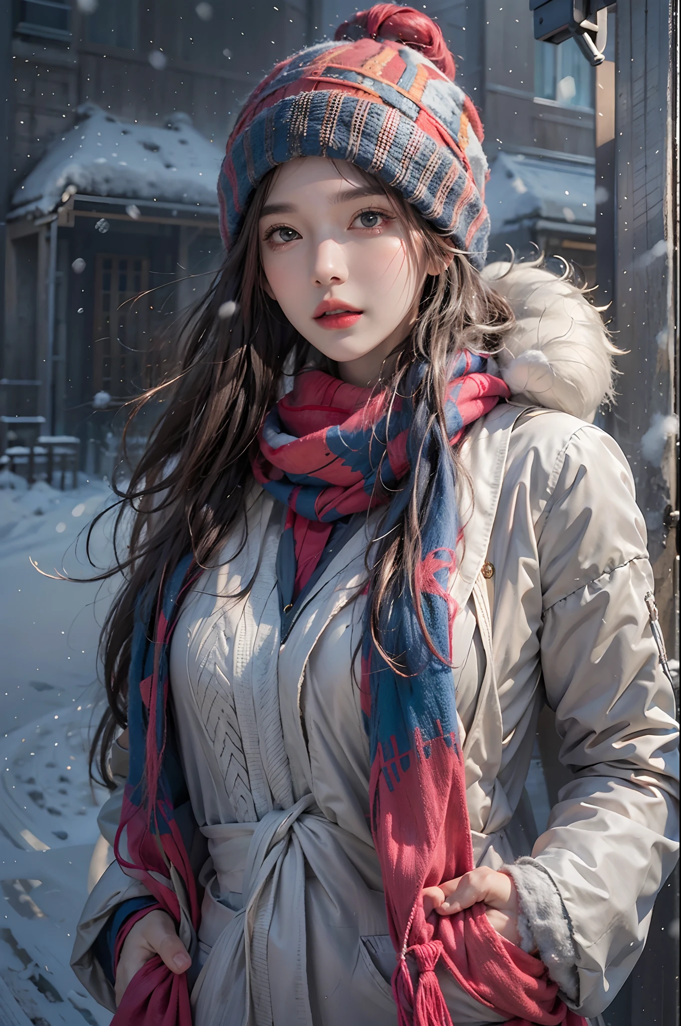 photorealistic, high resolution, 1women, solo, hips up, look at viewer, (detailed face), colorful winter clothes, snow
