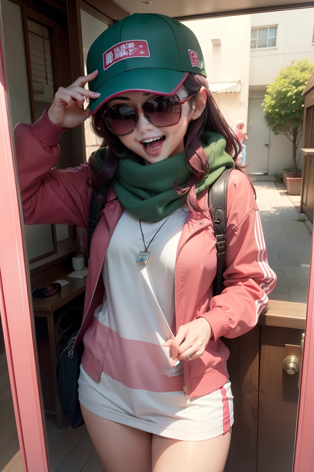 Wearing a red baseball cap diagonally。Mirror sunglasses with pink frame、Green muffler。Opens mouth and laughs。
