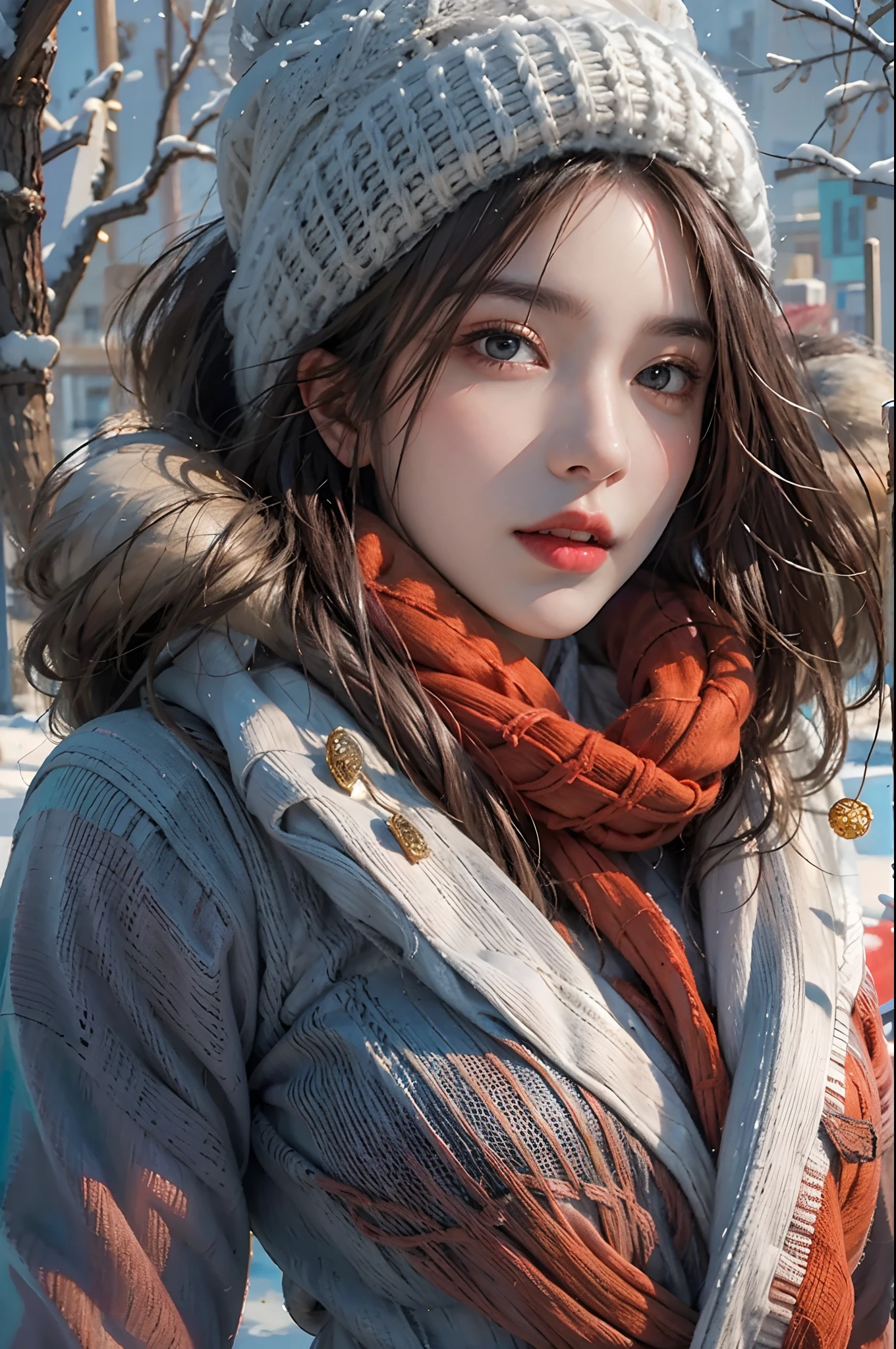 photorealistic, high resolution, 1women, solo, hips up, look at viewer, (detailed face), colorful winter clothes, snow