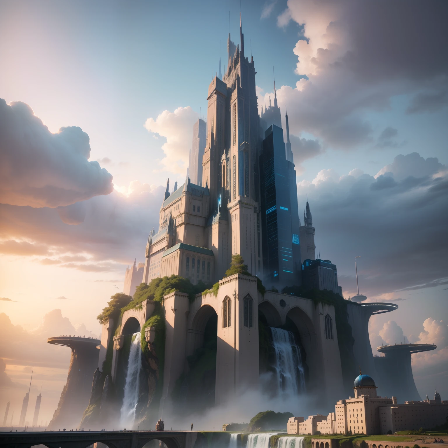 cyberpunked　futuristic cities　Skyscrapers　Super huge castle　huge waterfall　SF　top-quality　​masterpiece　超A high resolution　dream