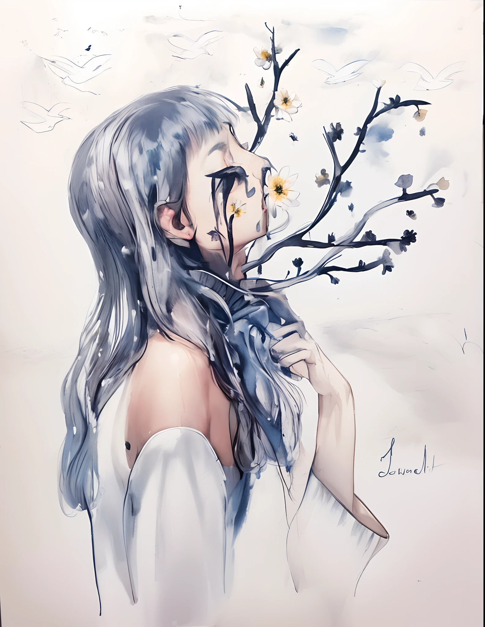 ink ,scenery(masterpiece, best quality, highres), break
(1girl, long hair, floating, upper body, off shoulder), (white background, flower, scenery),