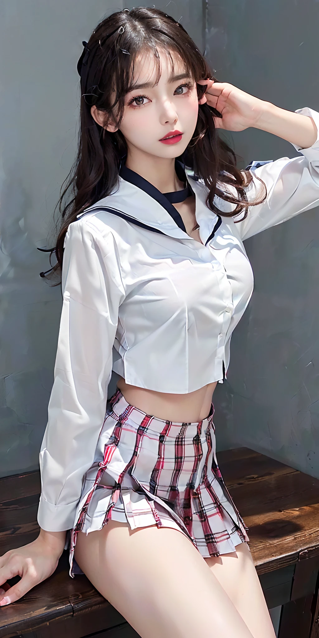 ((8K, RAW photos, Highest quality, Masterpiece), HD RAW color photo professional close-up Photograph, showing panties, (Realism, Photo realism: 1. 37), (Highest quality), (Best shadows), (Most Best Illustration), (Erotic, Sexy, 超高分辨率, HD CG integrated 8K wallpapers, Cinematic lighting, 18 year old schoolgirl uniform shirt, ( Clear white shirt,Buttoned open lipstick collar: 1.2), (Sailors collar uniforms), short blouse, Shirtless, Red checked pleated skirt, (cleavage), beautiful eyes in detail, Sexy pose, Look from the bottom up, Lying