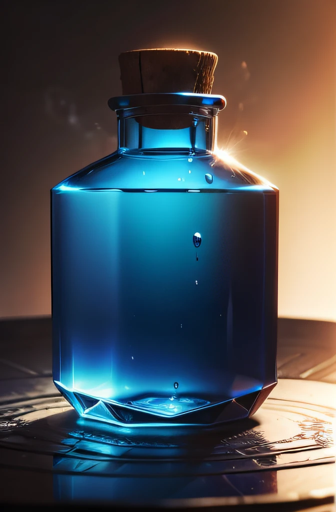 exagonal alchemy bottle, with blue liquid inside