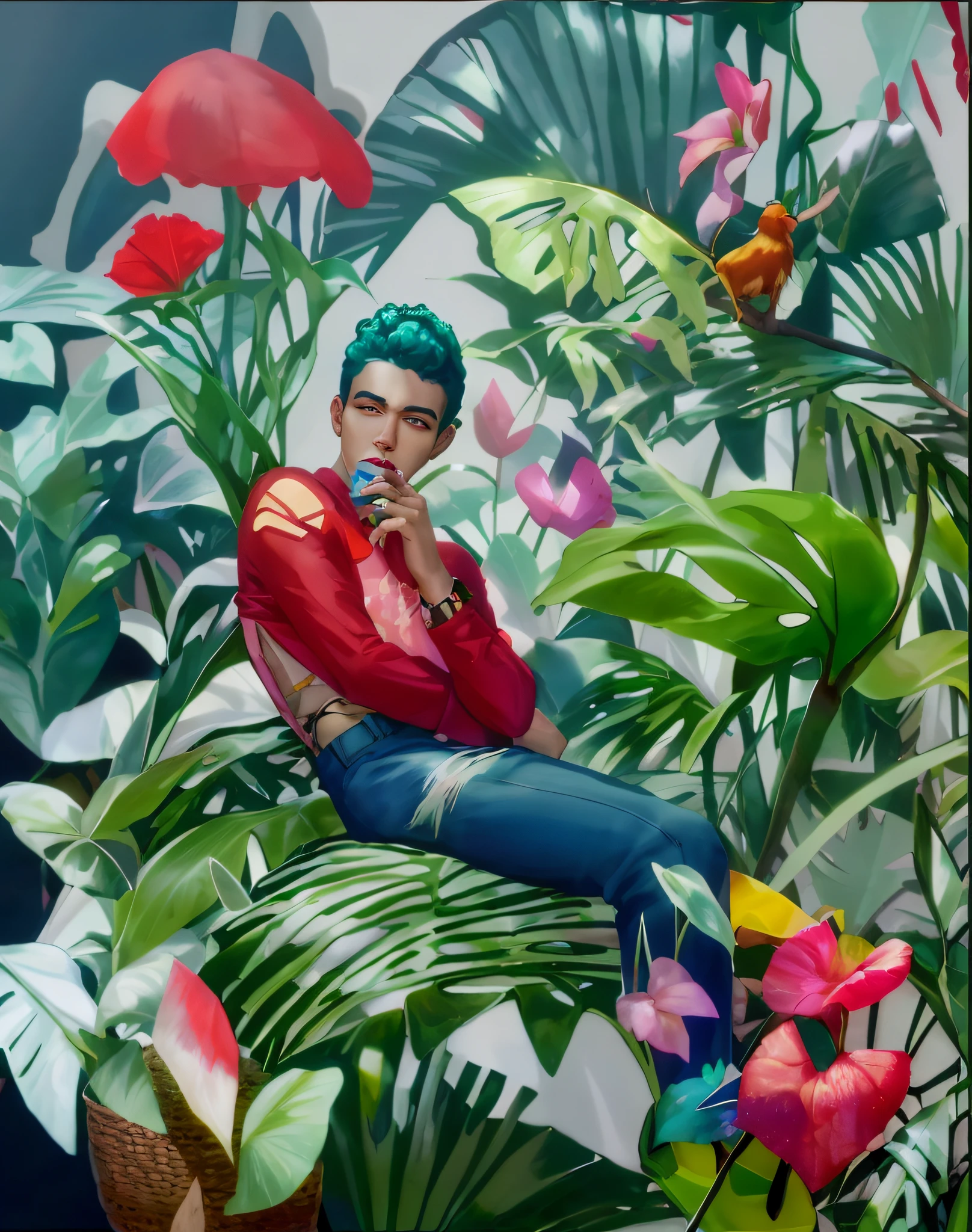 pintura de um homem loiro sentado em uma cadeira em um jardim tropical, entre folhagens, Directed by: Neysa McMein, inspirado em Naomi Okubo, Carson Ellis, sentado em uma floresta colorida, Directed by: Jessie Alexandra , inspirado em Tomokazu Matsuyama, Hernan Baixo, James Jean Aesthetics, Directed by: Hannah Franco, Tiago Jean Andrei Riabovitchev