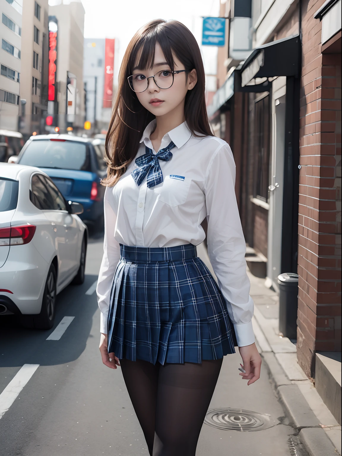 (8K、Raw photography、top-quality、masterpiece:1.2),watching at viewers,Looking at the front,Tie a side ponytail,Tie your hair,Bullish,Muchimuchi,Erotic,Pupils,Light Blue Bra,de pele branca,kne,(Black pantyhose),absurderes,a small face,small tits,flat breast,Parting the bangs from the middle、Forehead visible,(a cold expression,Tight eyes,glares,Bullish,skinny,Rasping,irate)、masterpiece,top-quality、超A high resolution,Raw photo,ren,Beautiful fece,One Person, 独奏,eye glass,,Dark look,Small breasts,fullllbody,Round glasses、cute little、Back to Student,JK school uniform,hi-school girl,A Japanese Lady,is standing,(Photorealsitic:1.37)、Photon mapping,Realistic、Cute little face,Brown-eyed、Black socks、(Red bow tie)、Radio City、Physically Based Rendering、Foreground、depth of fields、Blurry background、a picture,The girls、Body,beauty legs, Long legs, Thin leg,Tie your hair into one strand on your chest,(Bangs are visible), hair, s lips, Blue_The eye, nosesoft,(Light blue shirt), (Navy and blue and white plaid pleated skirt), Knees are visible,Sheer clothing,, Thigh, Black cotton socks,Nogizaka Idol, 女優, Japanese ido
