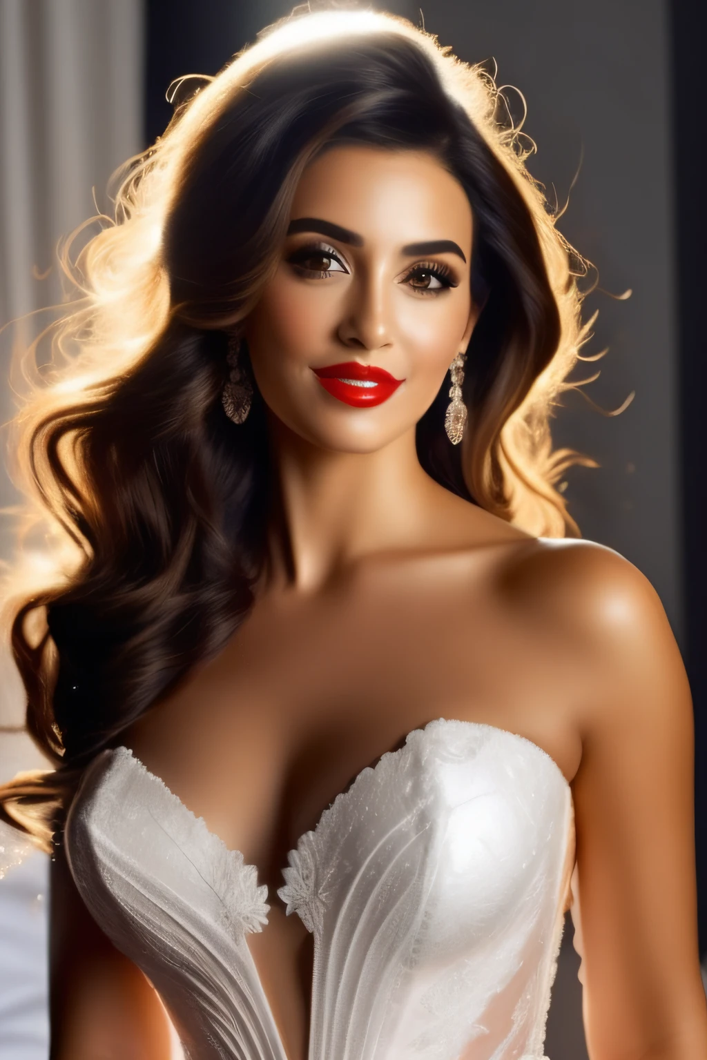 Uma mulher 27 anos ,obra-prima, retrato de corpo inteiro, vestido de noiva, cabelo ruivo sexy, cabelos longos, sexy red lips, sorriso malicioso, vestido transparente, decote, cintura fina, bunda grande, garota gostosa, fotorrealista, Dslr, pele detalhada, rosto detalhado, hiper realista, posing for the camera, modelo profissional, foto DSLR, deitado na cama, pernas abertas, quarto, meia-noite.