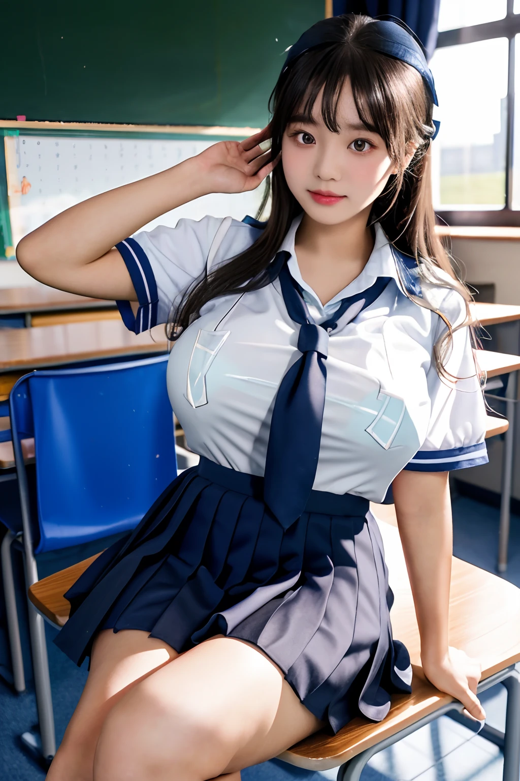 （A little **** ***********），（Immature Slightly thin face），（Super swollen: Exaggerated scale: Swelling, Huge chest，super gigantic breasts），（Full clothing supported by breasts），long whitr hair，（Wear a tight Chinese white transparent school uniform,School pants），Superskirt，Waist less school shirt，Low-necked uniform，The collar looks through the school uniform to see the bra，Classroom backgrounds for many people, sit on chair，Pose，Do difficult moves，Adopt a variety of sports positions，Pure temperament，ssmile，perfect  eyes, perfect hand，超高分辨率, Movie Angle, Professional lighting, best qualtiy, tmasterpiece, Perfect focus，Background bokeh，realisticlying，Ultra-high ress fabric texture，8k eye details，8K pupils，