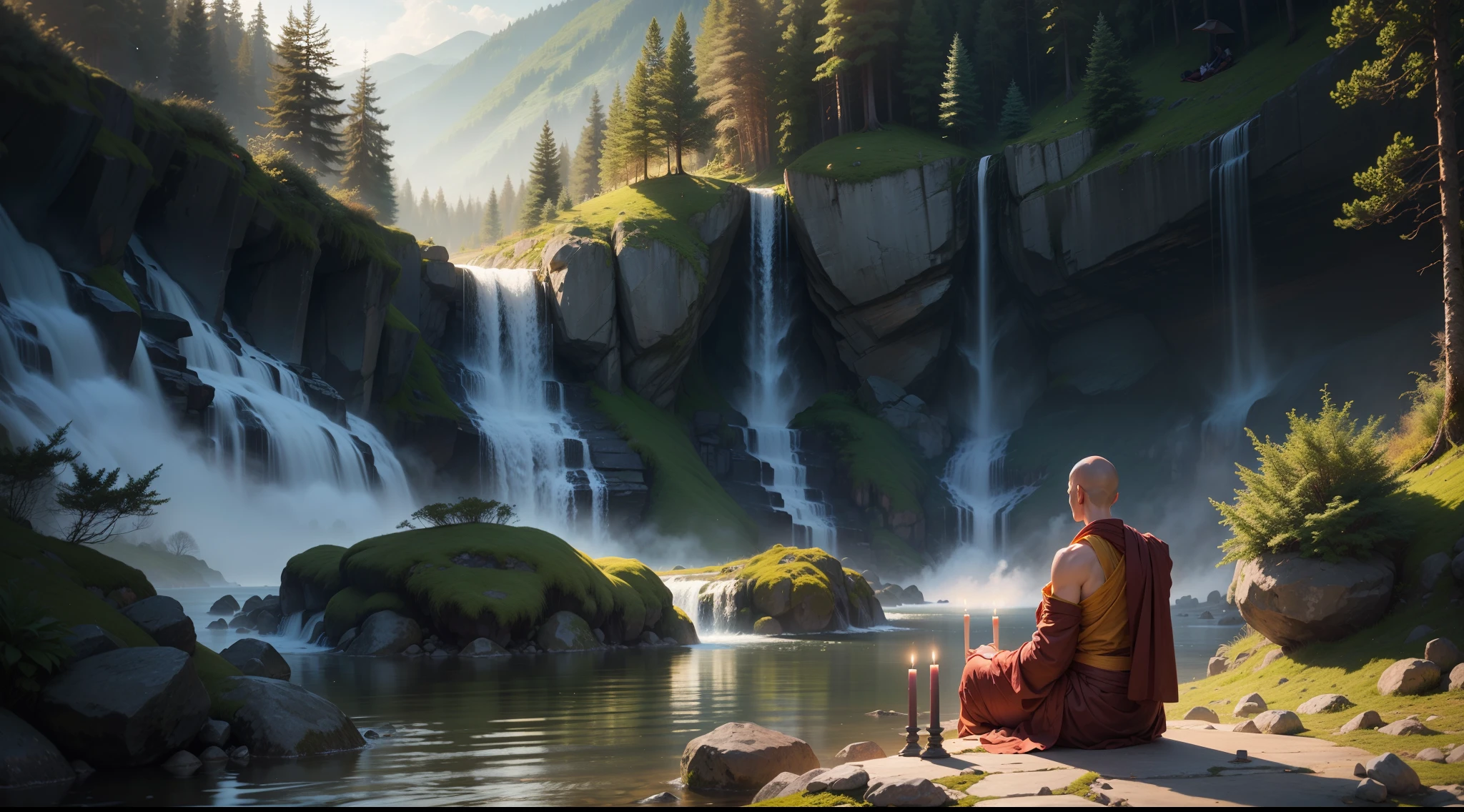 buddhist monks sitting with candles in front of a waterfall, meditating, natural scenery, music, slot, in the forest, exquisite scenery, ordination, hdr, 8k, facebook cover rate