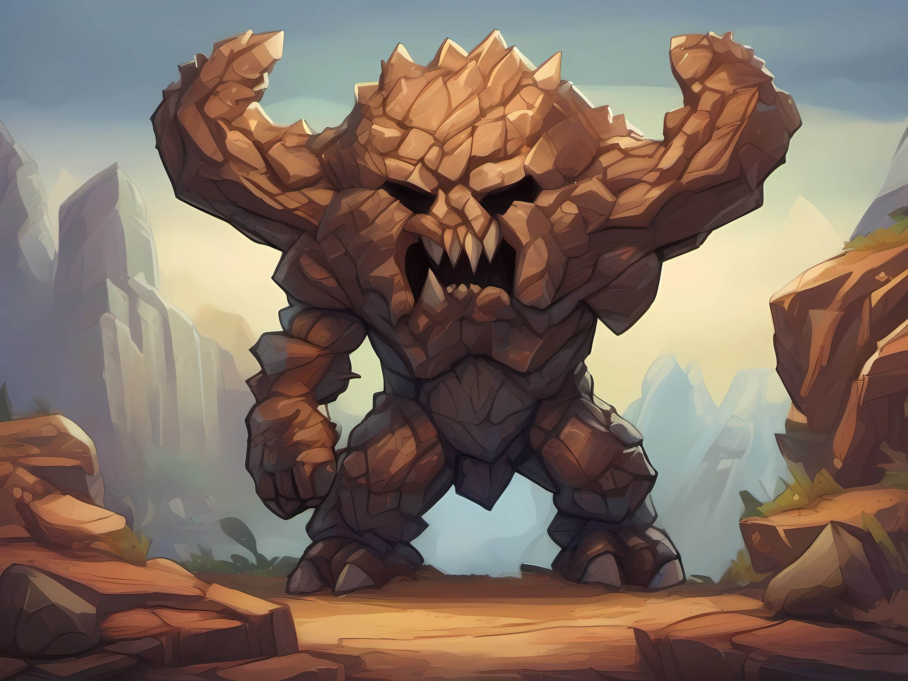 cartoon illustration of a rock elemental rock monster in a dungeon, fantasy rock monster portrait, brown rocky elemental rock monster, fantasy rock enemy, rock monster character art, rock elemental standing, medium portrait of a rock monster, earthy theme, fantasy rock enemy, portrait of a rocky enemy, mobile game art, stylized game art, 2d game art, 2 d game art, digital illustration, dungeon background, high detail, high quality, concept art, character design