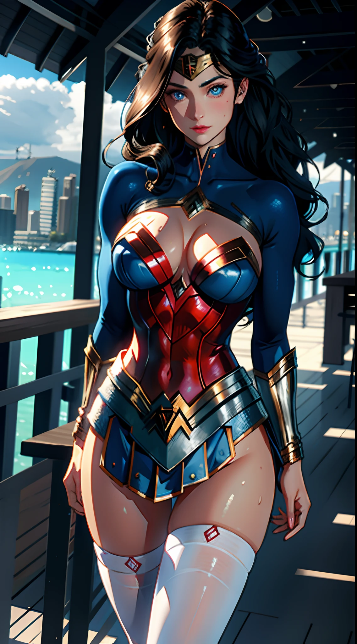 tmasterpiece， best qualtiy， photorealestic， photore， photorealisti， ultra - detailed， Perfect body， Detailed eyes， beuaty girl， wonder women， roleplaying， 1female，aged 40，Huge breasts，Pornographic exposure， 独奏，（Background with：jetty）， She has long flowing hair， standing on your feet，Sweat profusely，drenched all over the body，，blue color eyes，frontage，Blue straight hair， curlies，mostly cloudy sky，Wonder Woman uniform（（（tmasterpiece），（Very detailed CG unity 8K wallpaper），best qualtiy，cinmatic lighting，detailed back ground，beatiful detailed eyes，Bright pupils，（Very fine and beautiful），（Beautiful and detailed eye description），ultra - detailed，tmasterpiece，）），facing at camera，A high resolution，ultra - detailed），熟妇，mature，revealing breasts，facing at camera，Flushed complexion，Orgasmic face，Pornographic exposure，Protruding underparts，Camel toes，with no underpants，legs are open，frontage，Beautiful sexy full body photo in mini skirt and sewn stockings，（（独奏）），At the pier，high-heels，Craving sexual，