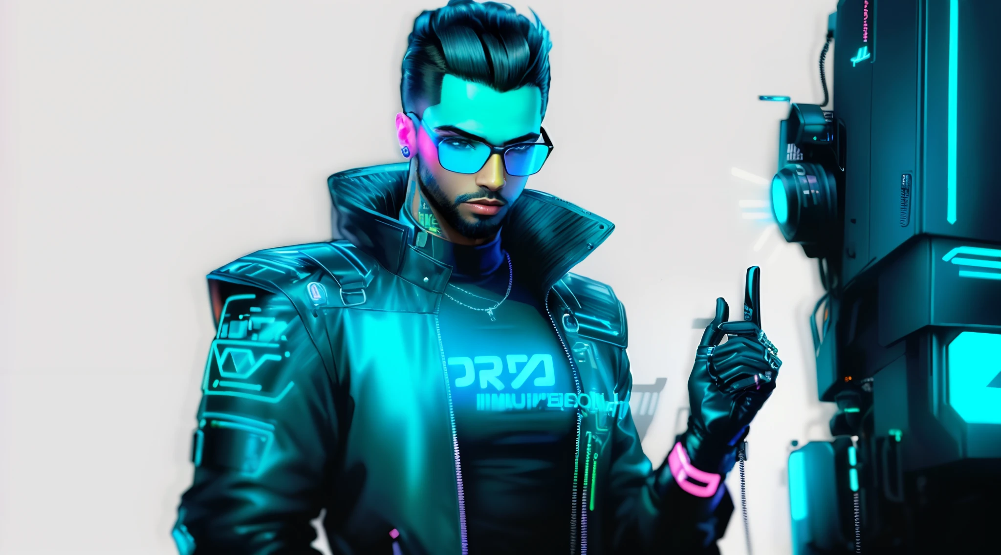obra prima,{corpo inteiro: 10}, futurista, cabelo preto, cor de pele branca, 2D, animification, jovem 21 anos, alto, magro, ombros largos, hair with traces of futuristic blue neon, {Barbixa}, futuristic glasses, apontando para algo, com o dedo indicador, Estilo de gesto pesado de closeup, com o dedo indicador, Estilo Cyberpunk 2077, casaco estiloso colorido futurista com neon, camisa branca longa estilosa, Technological clothing, stylish black futuristic pants,, todo vestido com neon, fundo distante