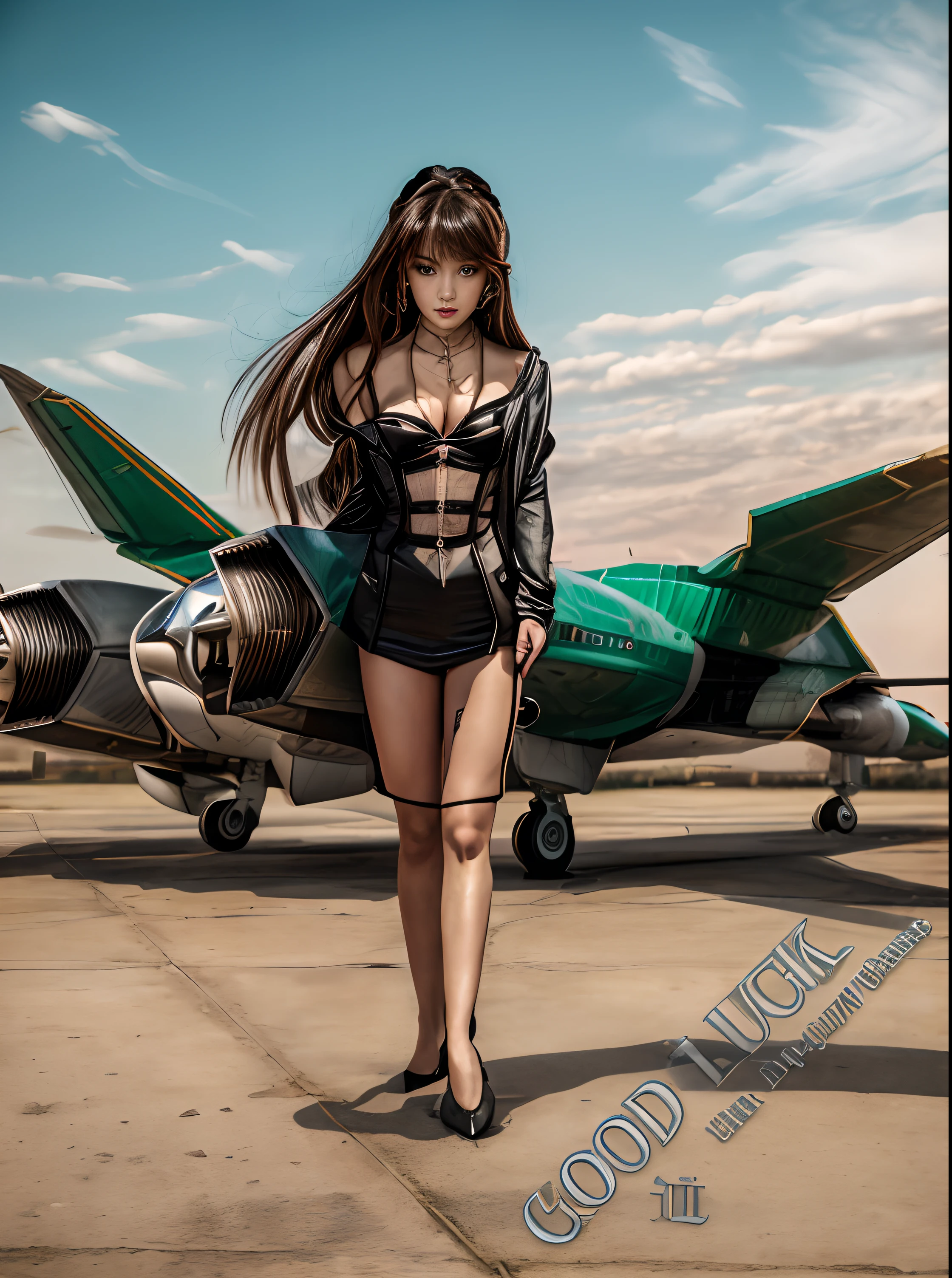 (Masterpiece: 1.3), (8k, Photorealistic, Photo RAW, Best quality: 1.4), (UHD), (Ultra high realism), (Ultra high definition), (Ultra high detail), (Increase contrast), (Increase saturation), ((((1girl:1.3)))), A beautiful woman, ((Ariana Grande and Taylor Swift Hybrid Face, 19 years old)), with a perfect figure: 1. 4, Cute face, Beautiful face, (Realistic face), Beautiful hairstyle, Bright green eyes, Ultra realistic, Very detailed, (Large breasts: 1.3), (Cleavage: 0.8), Caucasian female, Standing in front of a plane, Macross style, macross, inspired by Un'ichi Hiratsuka, Misato Katsuragi, Yuri Misaki, Macross Frontier, by Un'ichi Hiratsuka, Fubuki, Girl pilot, Yuyushiki, (Straight Black hair, Large breasts: 1. 3), (Cleavage), necklace and earrings, ((Slim figure: 1.2)), (Toned waist), firm and curvy buttocks, ((plunging neckline)), Shot in 70mm, 8k, Photorealistic, --q 5 --ar 16:9 --v 4, HQ, 8K (film grain: 1.3), 8k UHD, DSLR, soft lighting, high quality, HDRI, Fujifilm XT3.