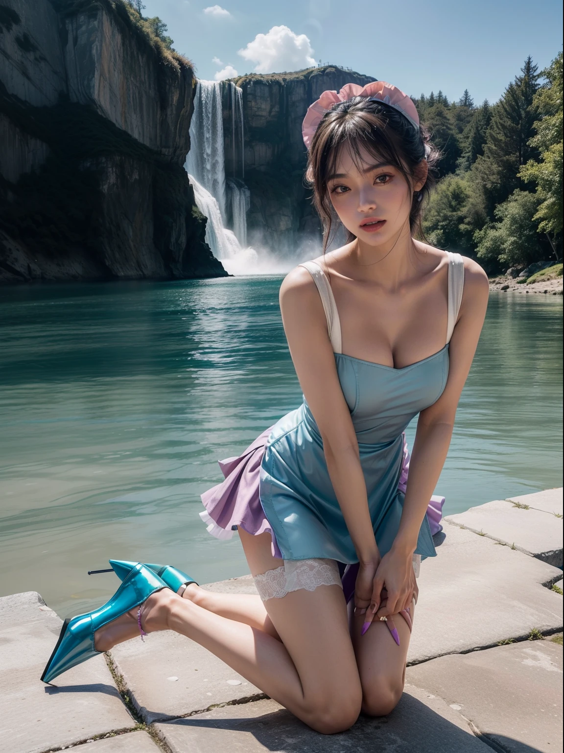 Splitting characters is prohibited,(full bodyesbian:2),(1girll:1.2),(Reveal high heels,A perfect match to the picture:1.6), (anatomy correct:1.5), (The figure is at the top of the mountain|on a snowy mountain|over the sea|in the water|On the boat|Top of high-rise building|On the street|in woods|at the lakes|In front of the waterfall|in an airplane|:1.1), (Wear gorgeous maid outfits:1.5),(Polished pointed toe heels:1.2), Keep your feet off the ground,(In pink|amarelo|blue colors|green color|red colour|white colors|black in color|purpleish color|greys|Beige|Flesh-colored:1.3),(Accurate and perfect face:1.kin reflection:1.5),A shallow laugh,,Strangling effect,hyper HD, Ray traching, reflective light,structurally correct, Award-Awarded, high detal, lightand shade contrast, Face lighting,cinmatic lighting, tmasterpiece, super detailing, high high quality, high detal, best qualityer, 16k