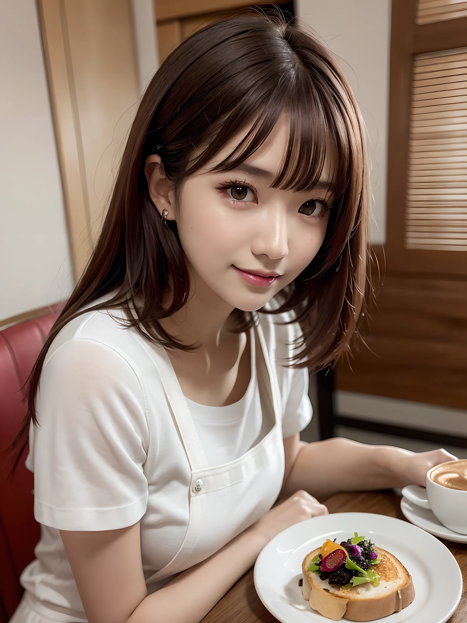 product quality, 1 girl per 1 photo, upper body shot, front view, a Japanese young pretty girl, long bob hair, wearing a marriage ring, wearing a frilled apron over a short sleeves T-shirt, having a breakfast with a big smile in a dinning room, a salad and a coffee and toast on a table, hyper cute face, glossy lips, double eyelids for both eyes, natural makeup, shiny smooth light brown hair of long bob hair, asymmetrical bangs, tanned skin, central image, 8K resolution, high detail, detailed hairstyle, detailed face, cinematic lighting, octane rendering, hyper realistic, perfect limbs, perfect anatomy