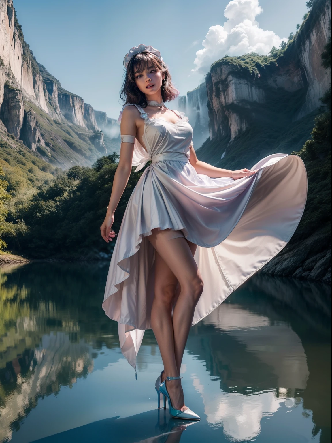 Splitting characters is prohibited，(full bodyesbian:2),(1girll:1.2)，(Reveal high heels，A perfect match to the picture:1.6)， (anatomy correct:1.5), (The figure is at the top of the mountain|on a snowy mountain|over the sea|in  the water|On the boat|Top of high-rise building|On the street|in woods|at the lakes|In front of the waterfall|in an airplane|:1.1)， (Wear gorgeous maid outfits:1.5)，(Polished pointed toe heels:1.2), Keep your feet off the ground，(In pink|amarelo|blue colors|green color|red colour|white colors|black in color|purpleish color|greys|Beige|Flesh-colored:1.3)，(Accurate and perfect face:1.6)，(Skin reflection:1.5)，A shallow laugh,，Strangling effect,hyper HD, Ray traching, reflective light，structurally correct, Award-Awarded, high detal, lightand shade contrast, Face lighting，cinmatic lighting, tmasterpiece, super detailing, high high quality, high detal, best qualityer, 16k