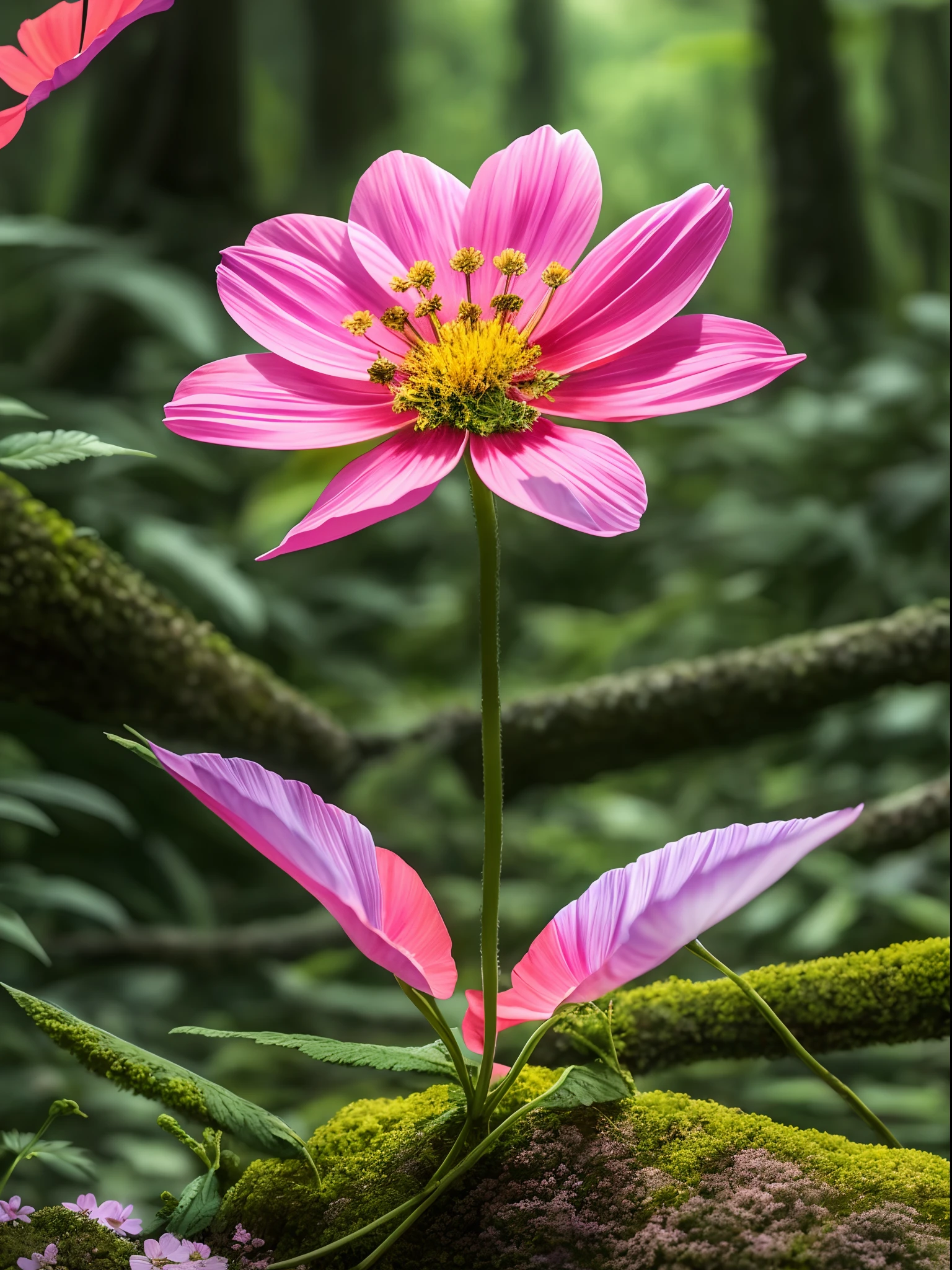 Un primer plano de una flor rosa con un centro amarillo en un bosque, flor rosa, flor rodeada, hermosa flor, Belleza natural, Paul Barson, depicting a flower, asombroso en su belleza, shot on nikon z9, flores rosadas amarillas, Flor de Stella alpina, Amazing beauty, Plant photography, cosmos en miniatura, flores rosadas, En la selva. florecer